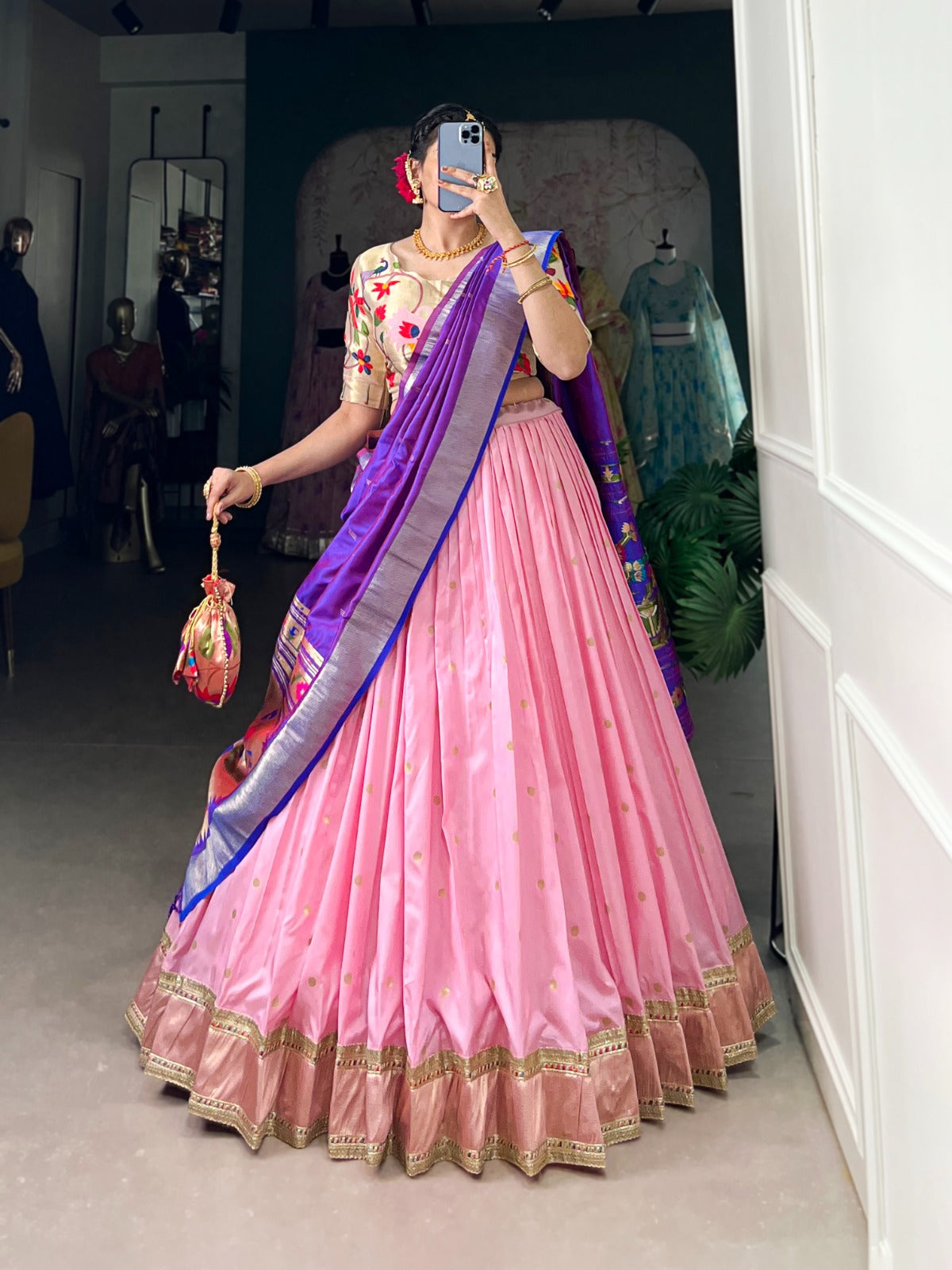 Amazing Paithani Jacquard Silk Weaving Zari Worked Lehenga Choli - Ethnicwish