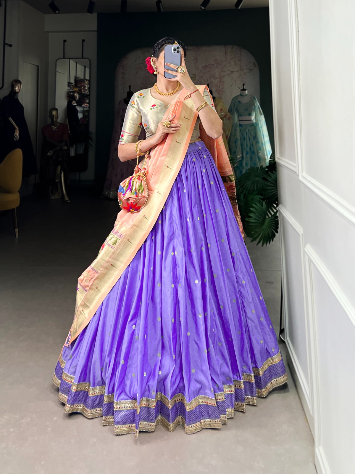 Amazing Paithani Jacquard Silk Weaving Zari Worked Lehenga Choli - Ethnicwish