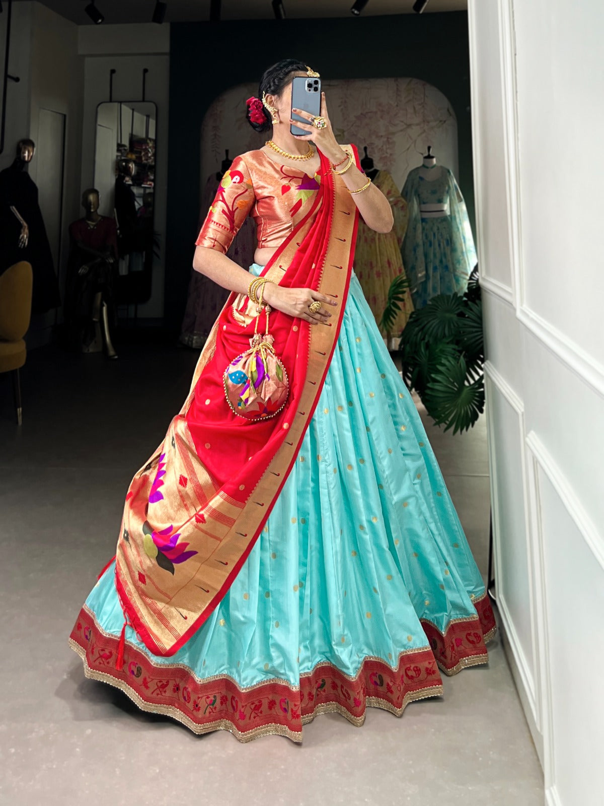Amazing Paithani Jacquard Silk Weaving Zari Worked Lehenga Choli - Ethnicwish