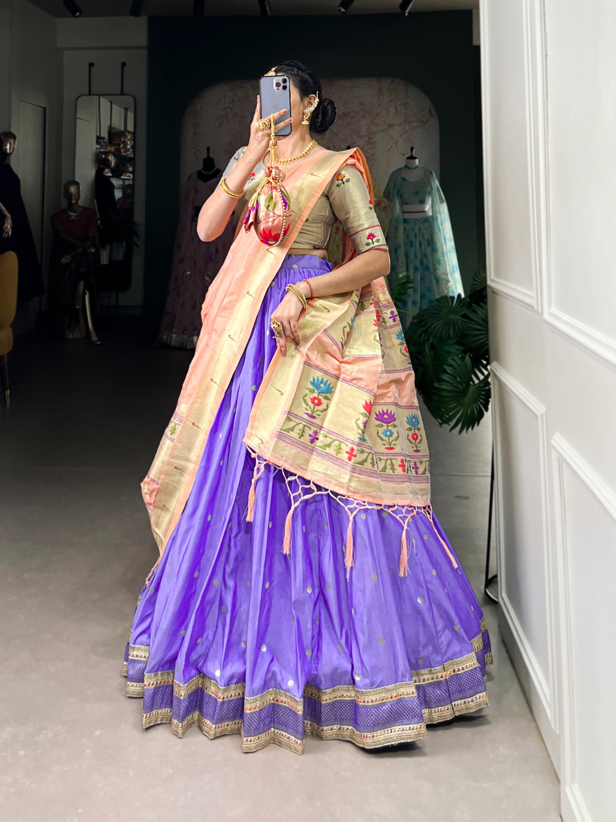 Amazing Paithani Jacquard Silk Weaving Zari Worked Lehenga Choli - Ethnicwish
