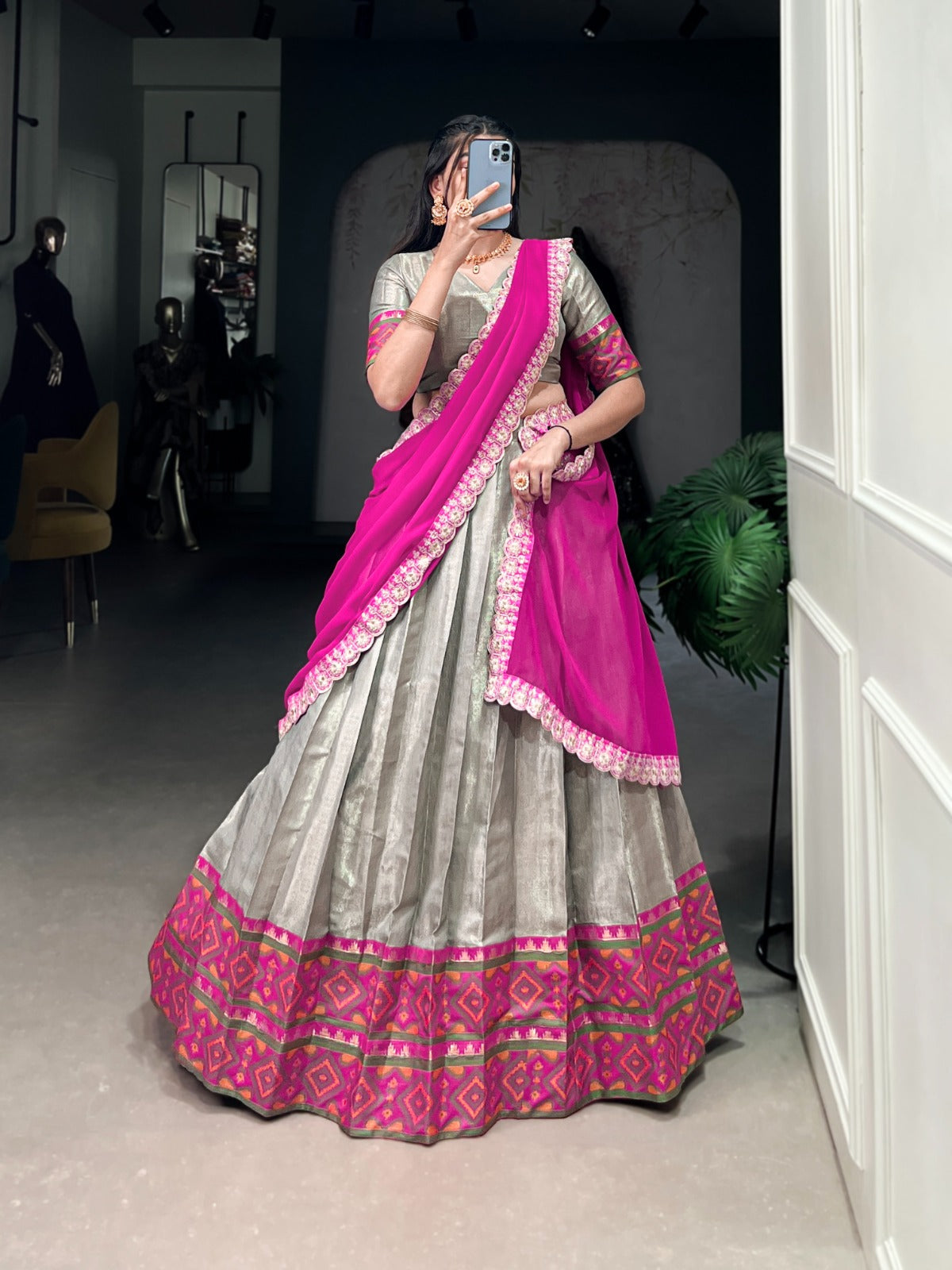 Gray Jacquard Silk Weaving Worked Lehenga Choli Set
