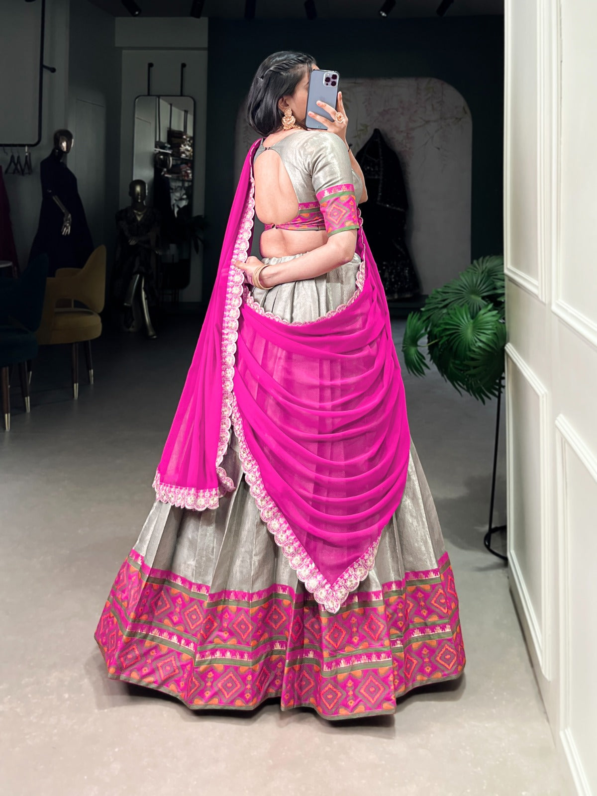 Gray Jacquard Silk Weaving Worked Lehenga Choli Set