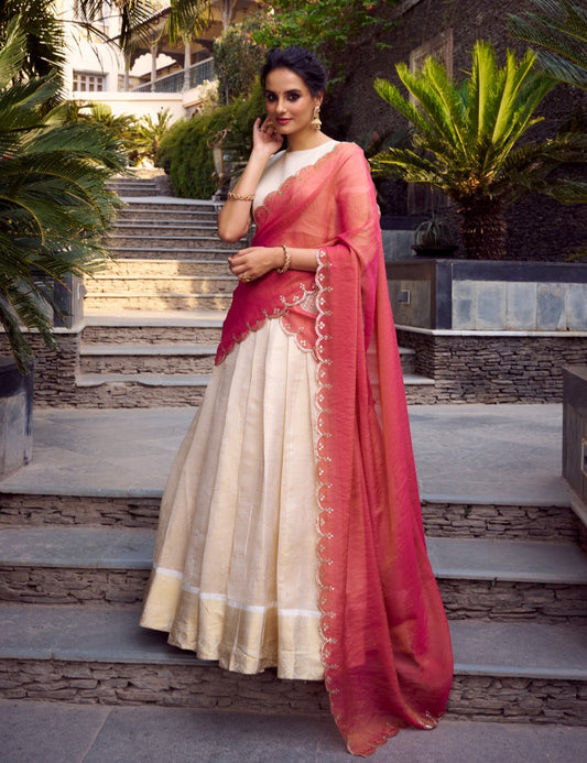 Off White Jacquard Chex Zari Weaving Worked Lehenga Choli