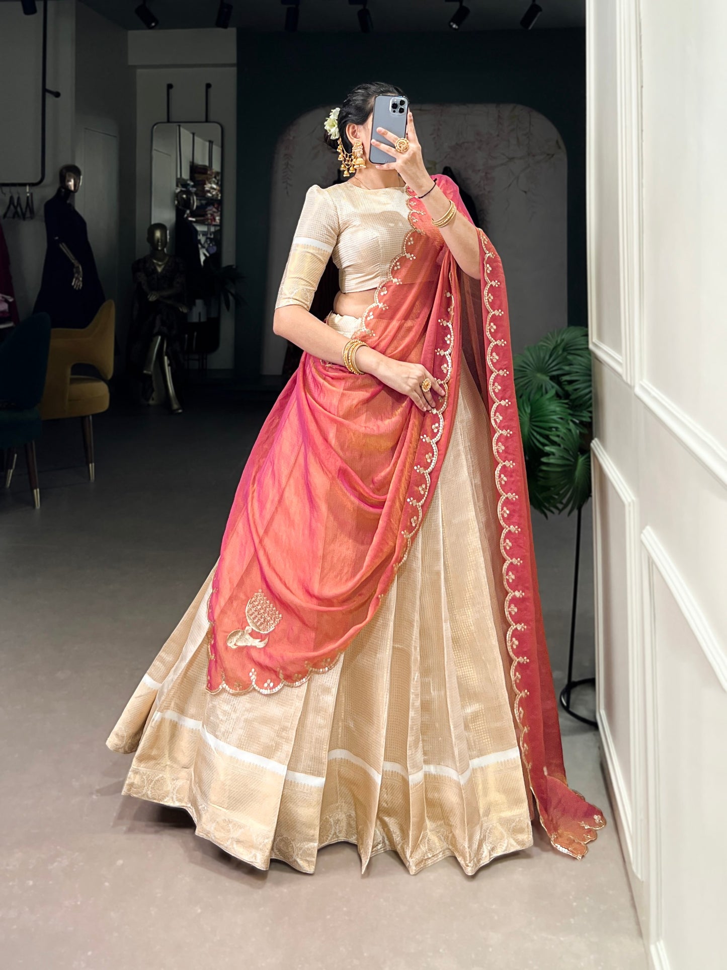 Off White Jacquard Chex Zari Weaving Worked Lehenga Choli