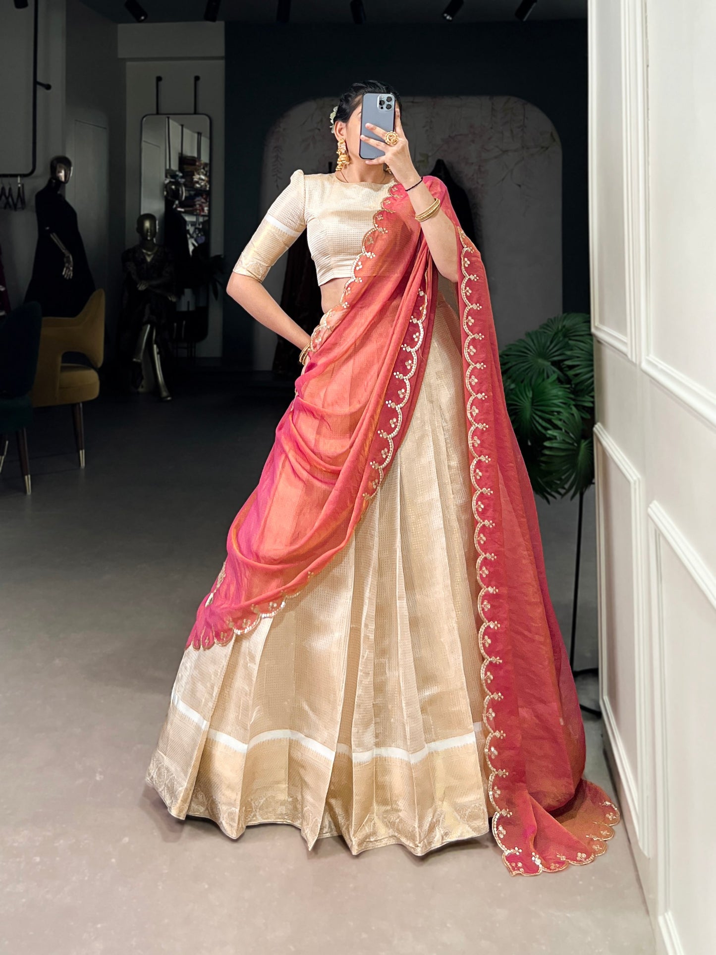 Off White Jacquard Chex Zari Weaving Worked Lehenga Choli