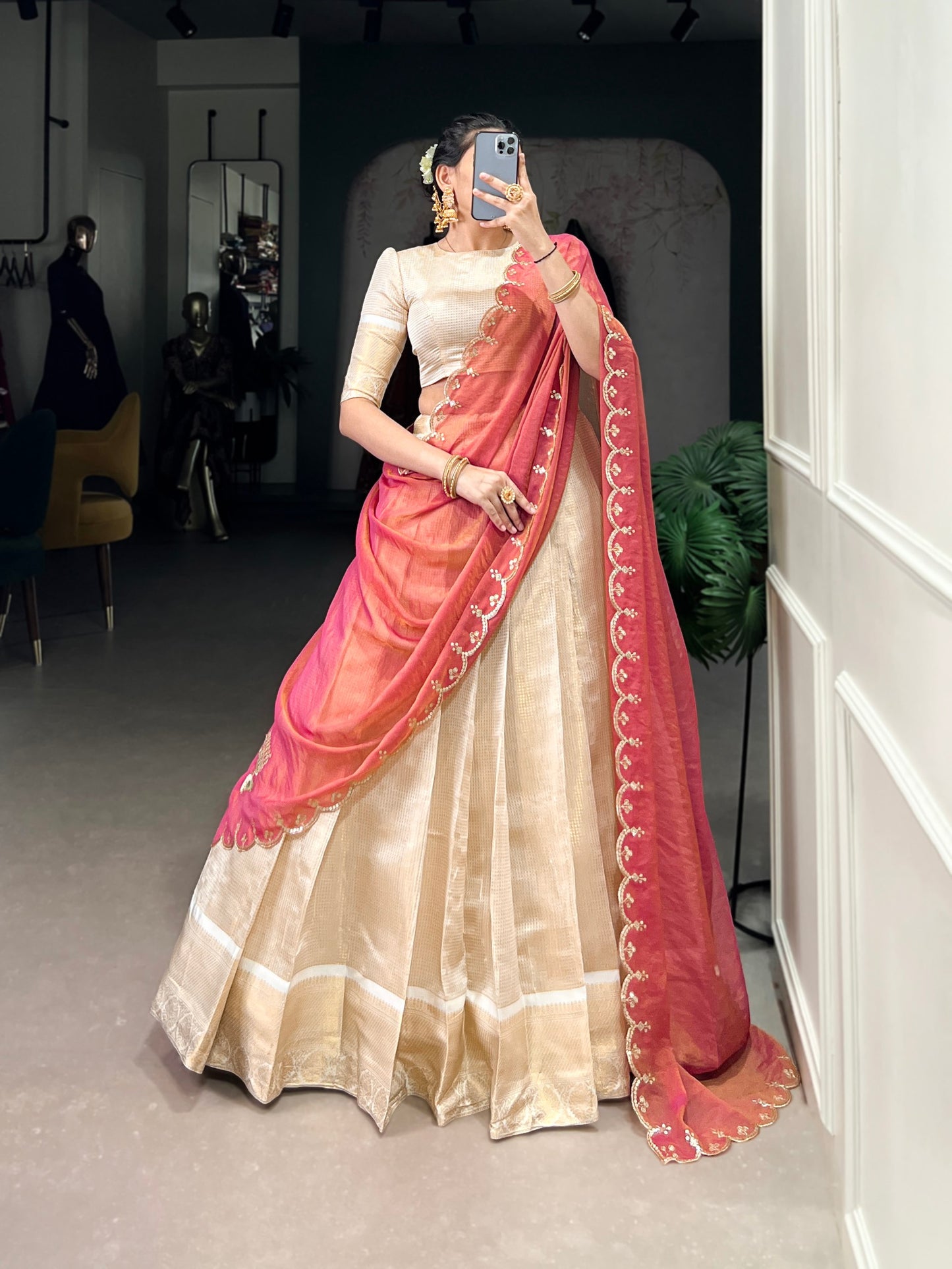 Off White Jacquard Chex Zari Weaving Worked Lehenga Choli