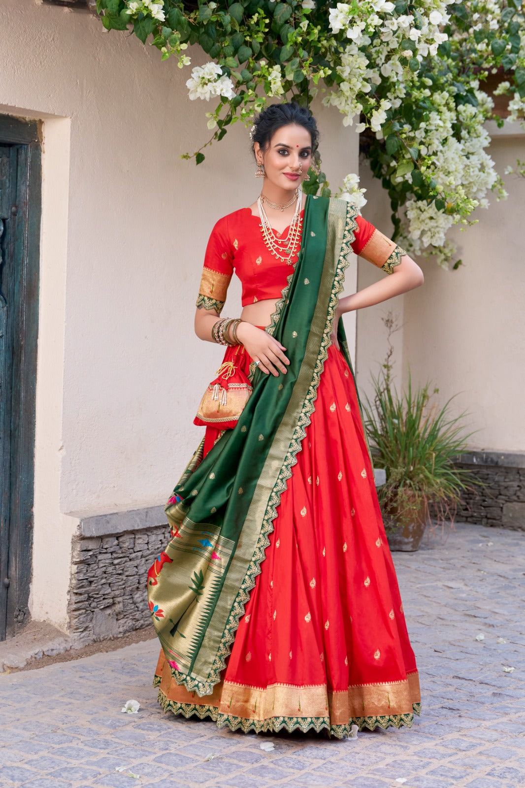 Elegant Paithani Jacquard Silk Zari Weaving Sequins Thread Worked Lehenga Choli