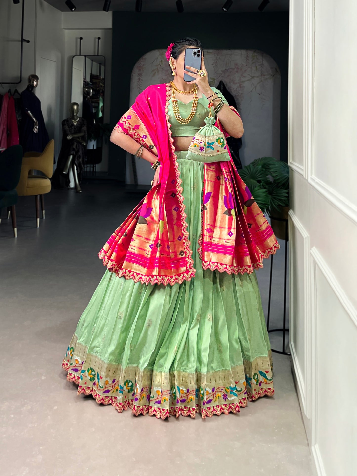 Elegant Paithani Jacquard Silk Zari Weaving Sequins Thread Worked Lehenga Choli