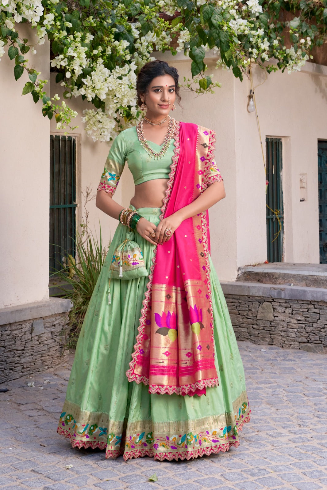Elegant Paithani Jacquard Silk Zari Weaving Sequins Thread Worked Lehenga Choli