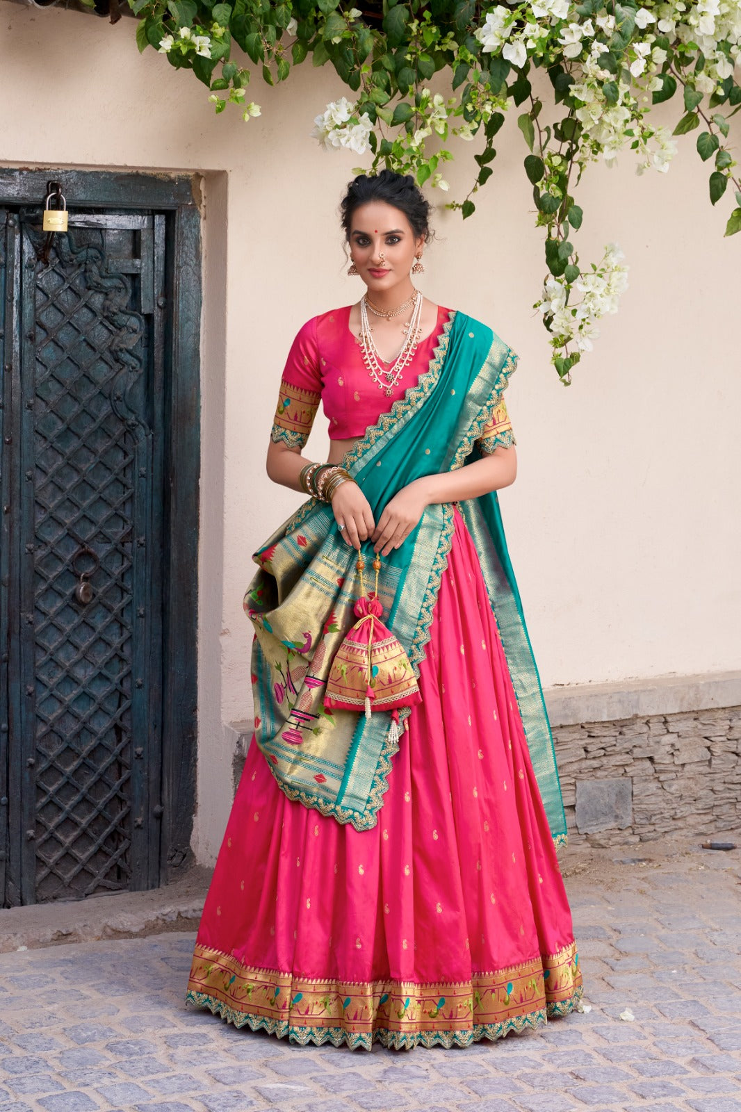 Elegant Paithani Jacquard Silk Zari Weaving Sequins Thread Worked Lehenga Choli