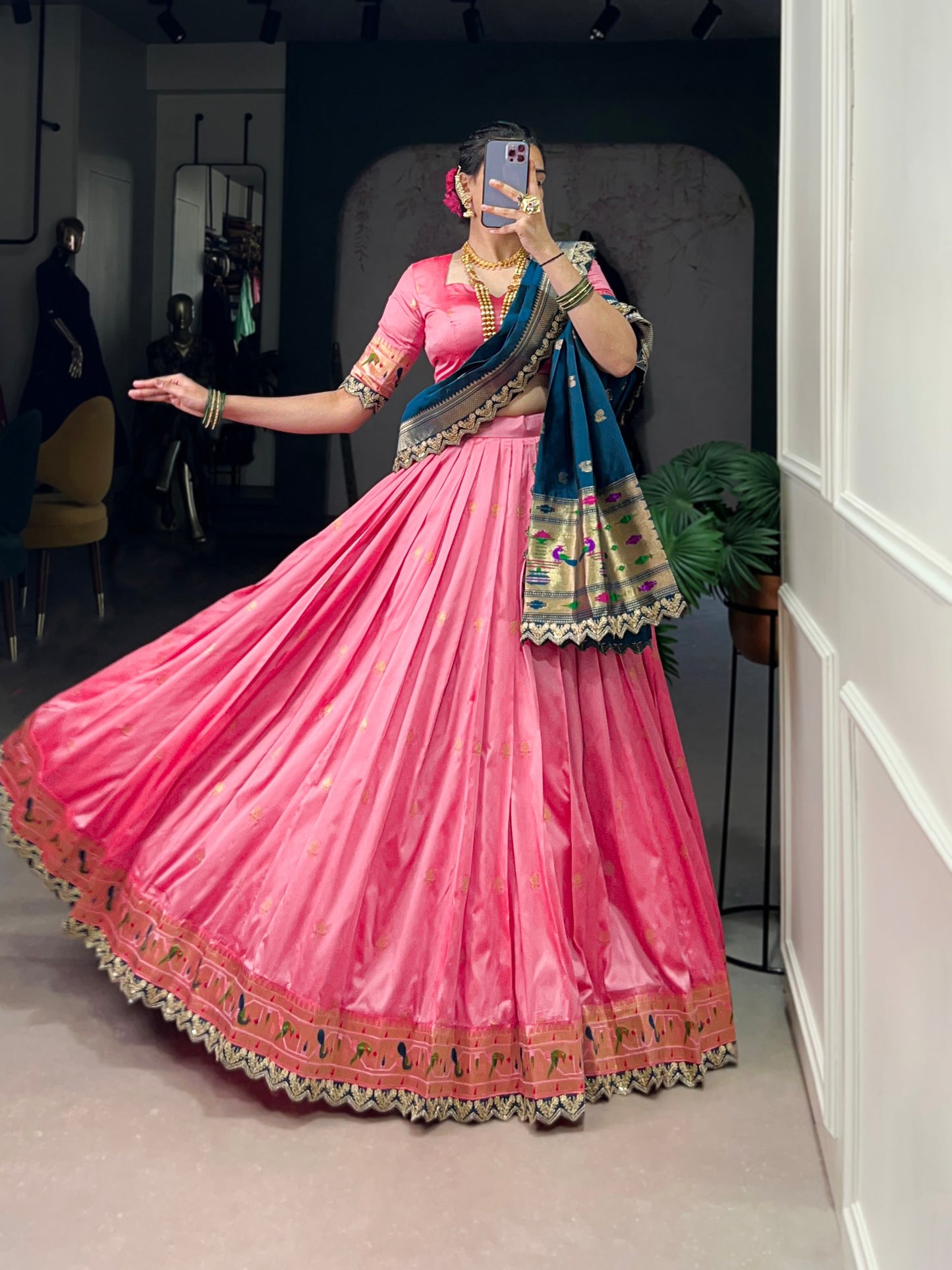 Elegant Paithani Jacquard Silk Zari Weaving Sequins Thread Worked Lehenga Choli