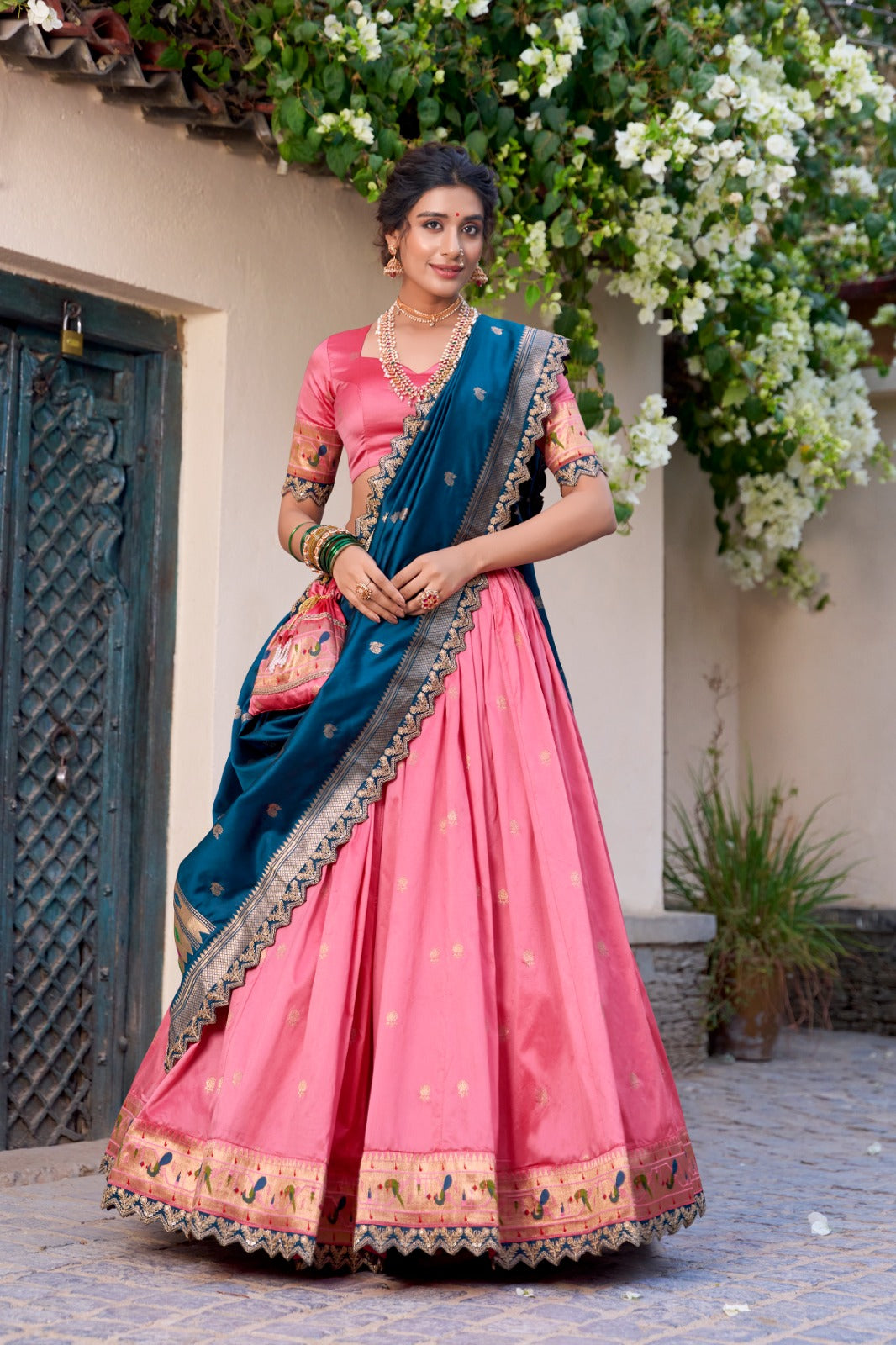 Elegant Paithani Jacquard Silk Zari Weaving Sequins Thread Worked Lehenga Choli
