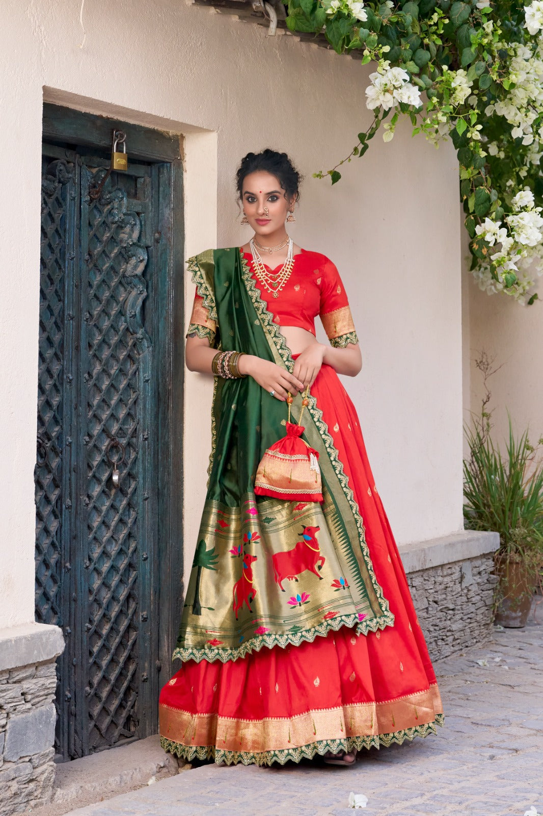 Elegant Paithani Jacquard Silk Zari Weaving Sequins Thread Worked Lehenga Choli