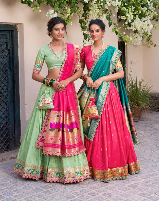 Elegant Paithani Jacquard Silk Zari Weaving Sequins Thread Worked Lehenga Choli
