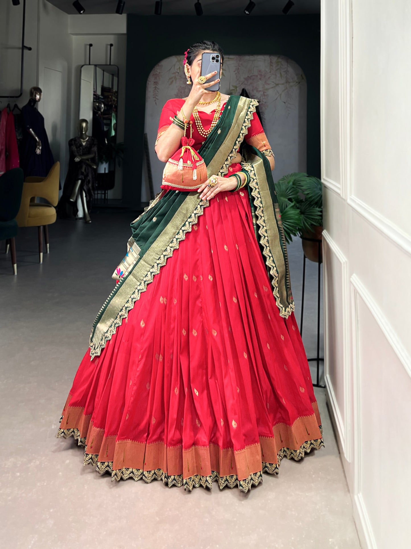 Elegant Paithani Jacquard Silk Zari Weaving Sequins Thread Worked Lehenga Choli