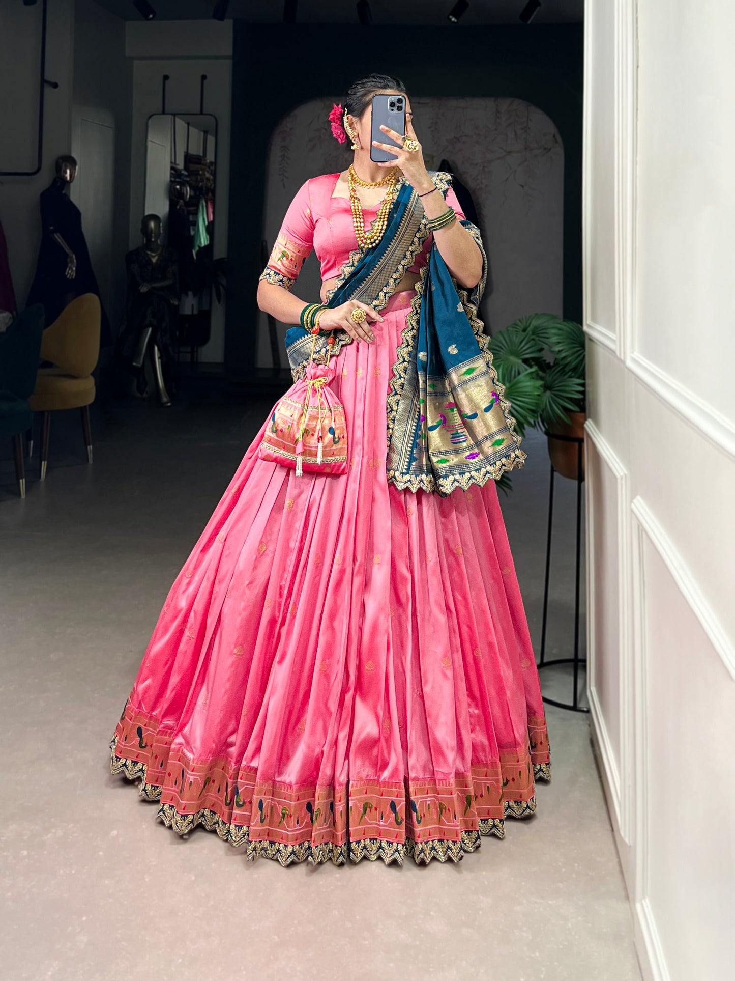 Elegant Paithani Jacquard Silk Zari Weaving Sequins Thread Worked Lehenga Choli