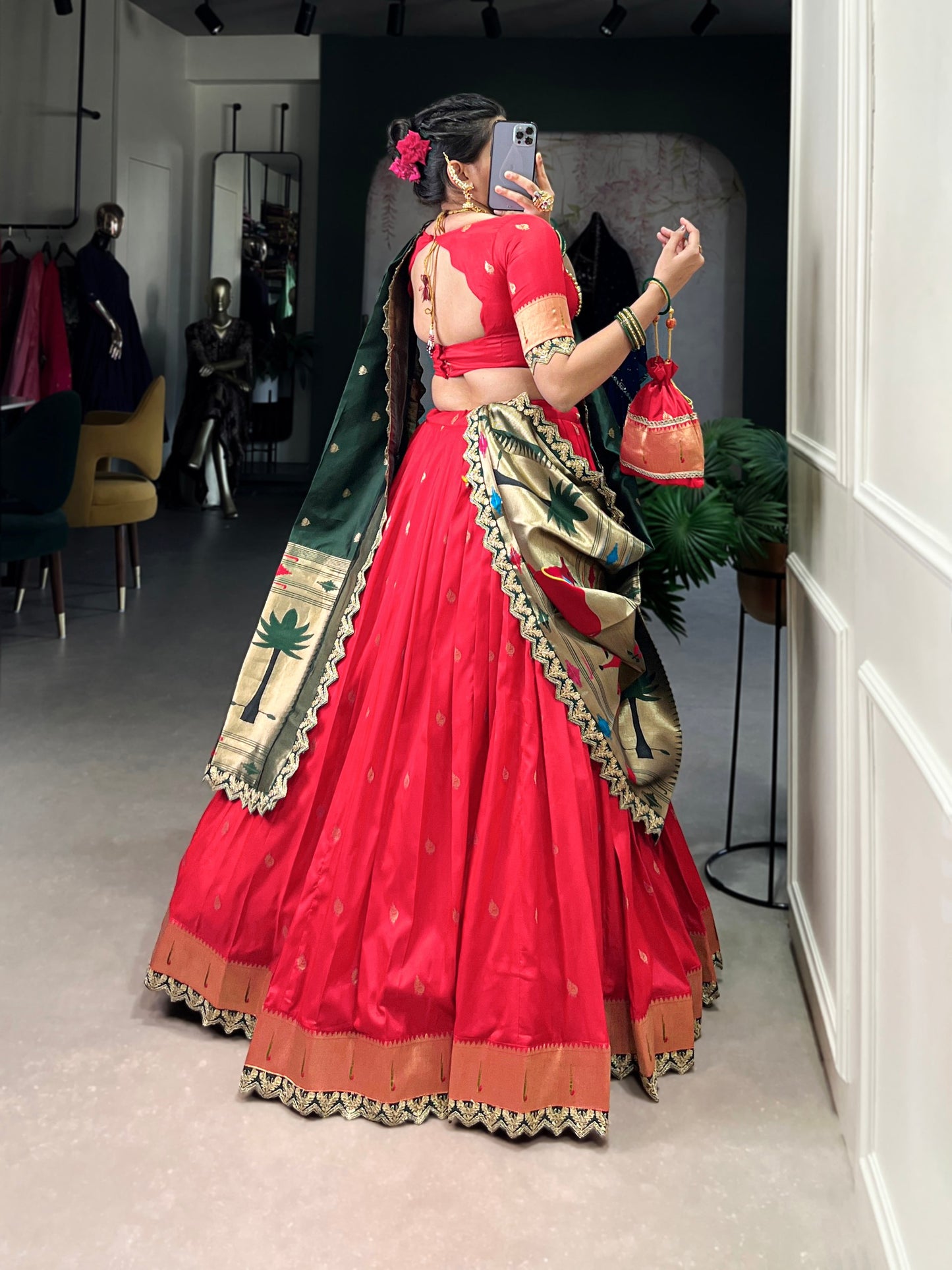 Elegant Paithani Jacquard Silk Zari Weaving Sequins Thread Worked Lehenga Choli