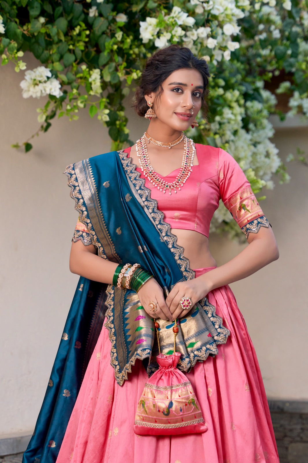 Elegant Paithani Jacquard Silk Zari Weaving Sequins Thread Worked Lehenga Choli