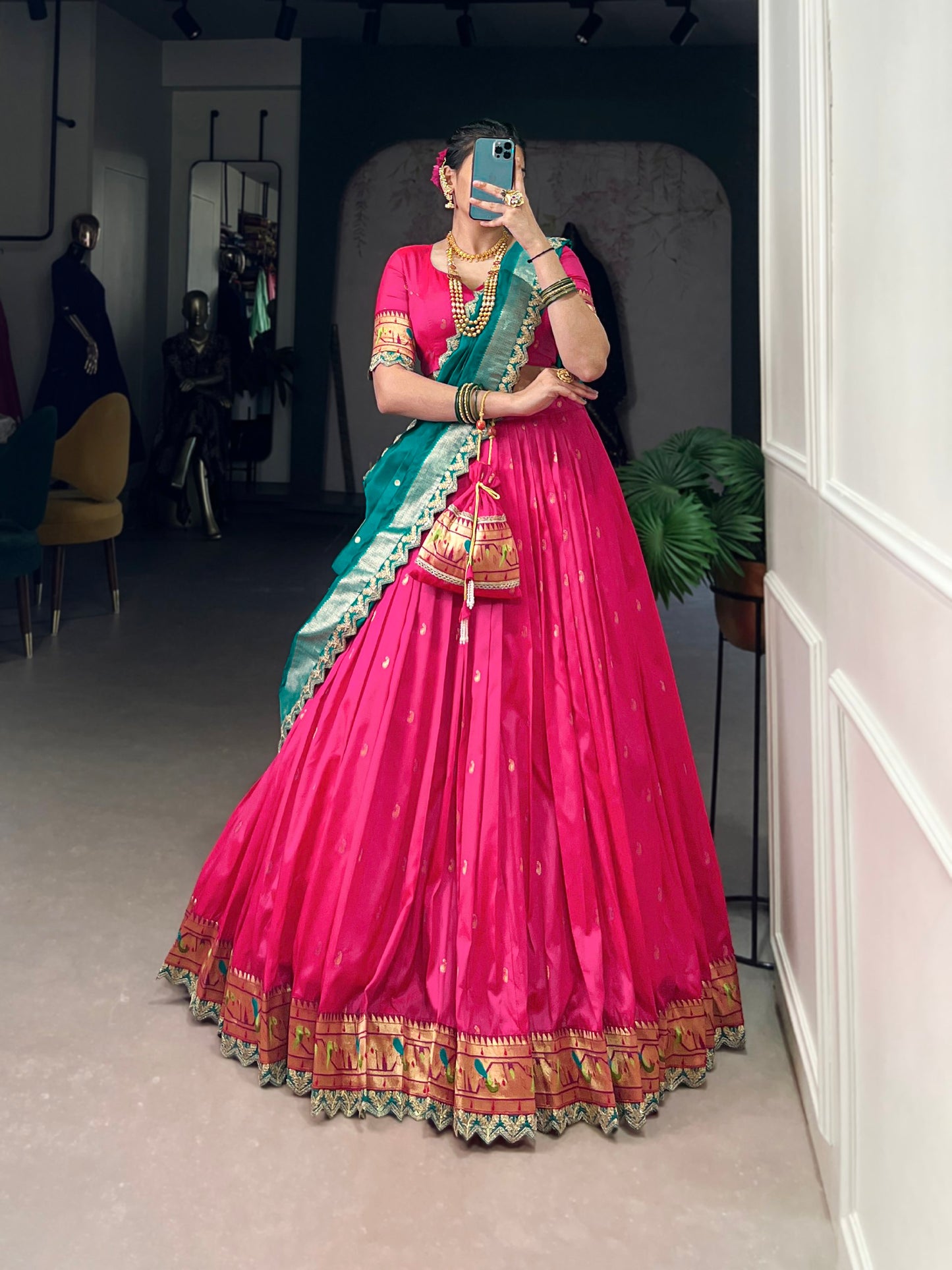 Elegant Paithani Jacquard Silk Zari Weaving Sequins Thread Worked Lehenga Choli