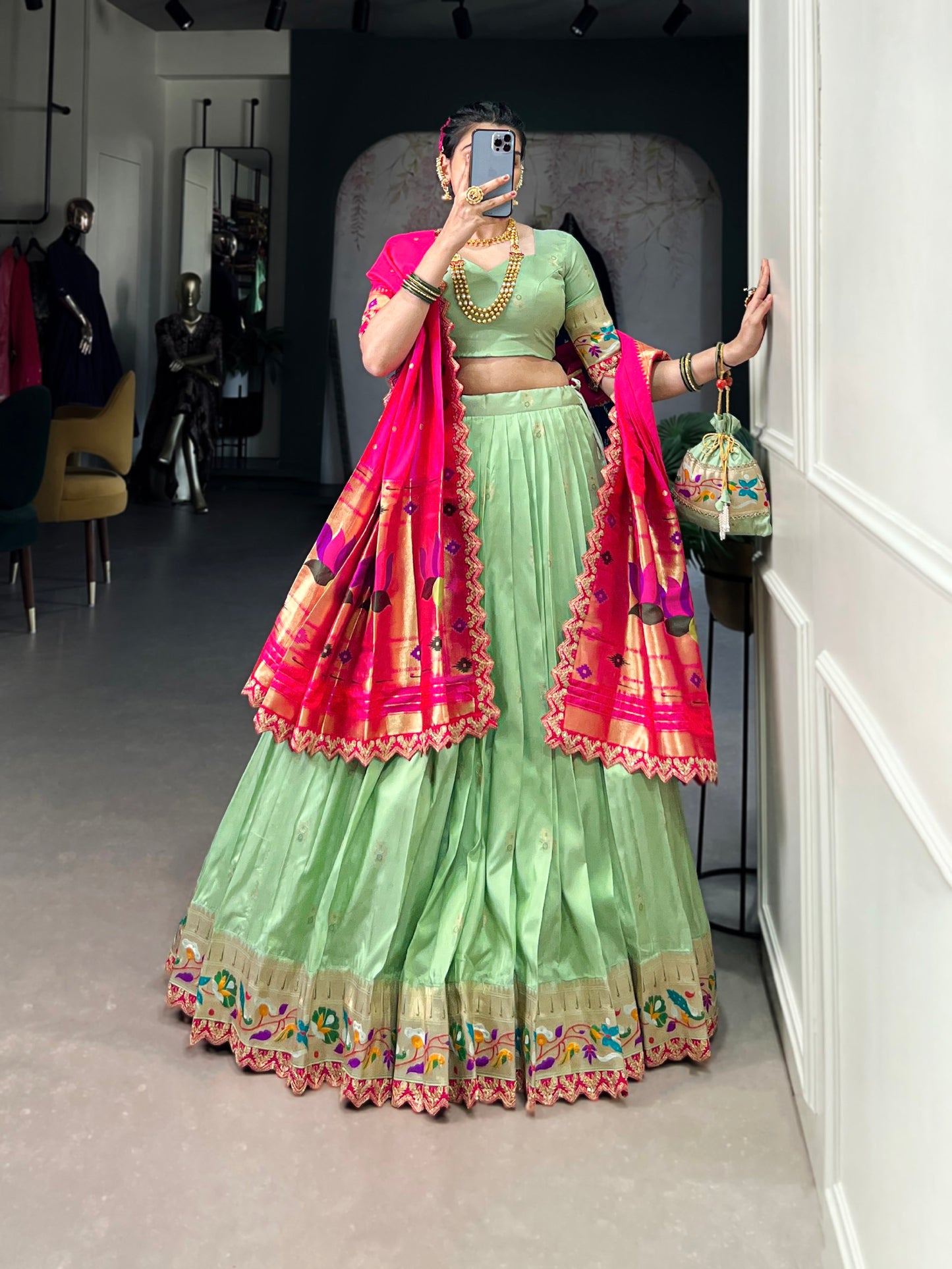 Elegant Paithani Jacquard Silk Zari Weaving Sequins Thread Worked Lehenga Choli
