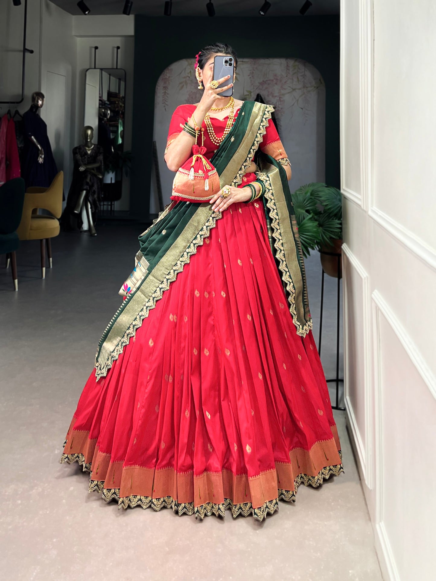 Elegant Paithani Jacquard Silk Zari Weaving Sequins Thread Worked Lehenga Choli