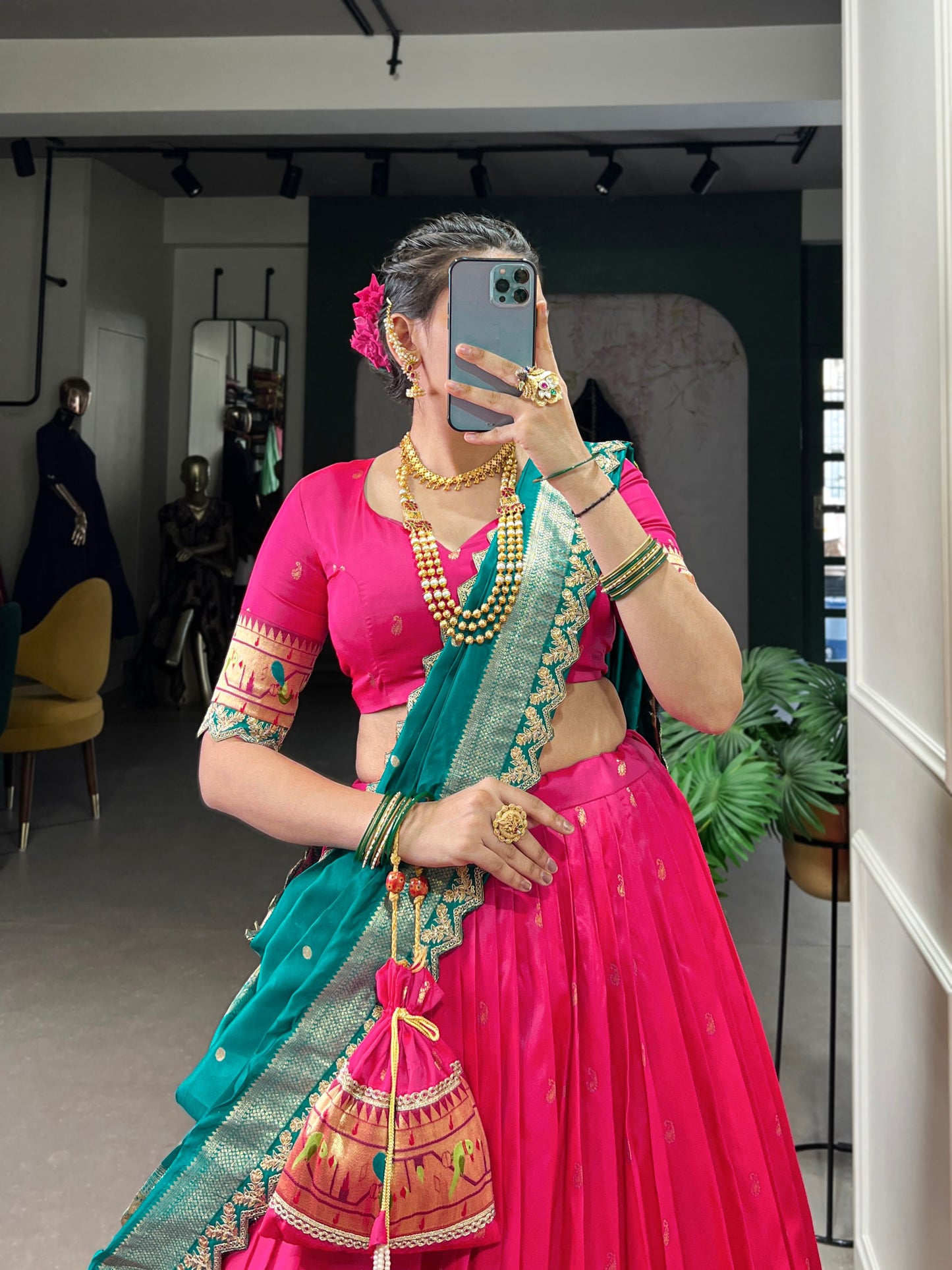 Elegant Paithani Jacquard Silk Zari Weaving Sequins Thread Worked Lehenga Choli