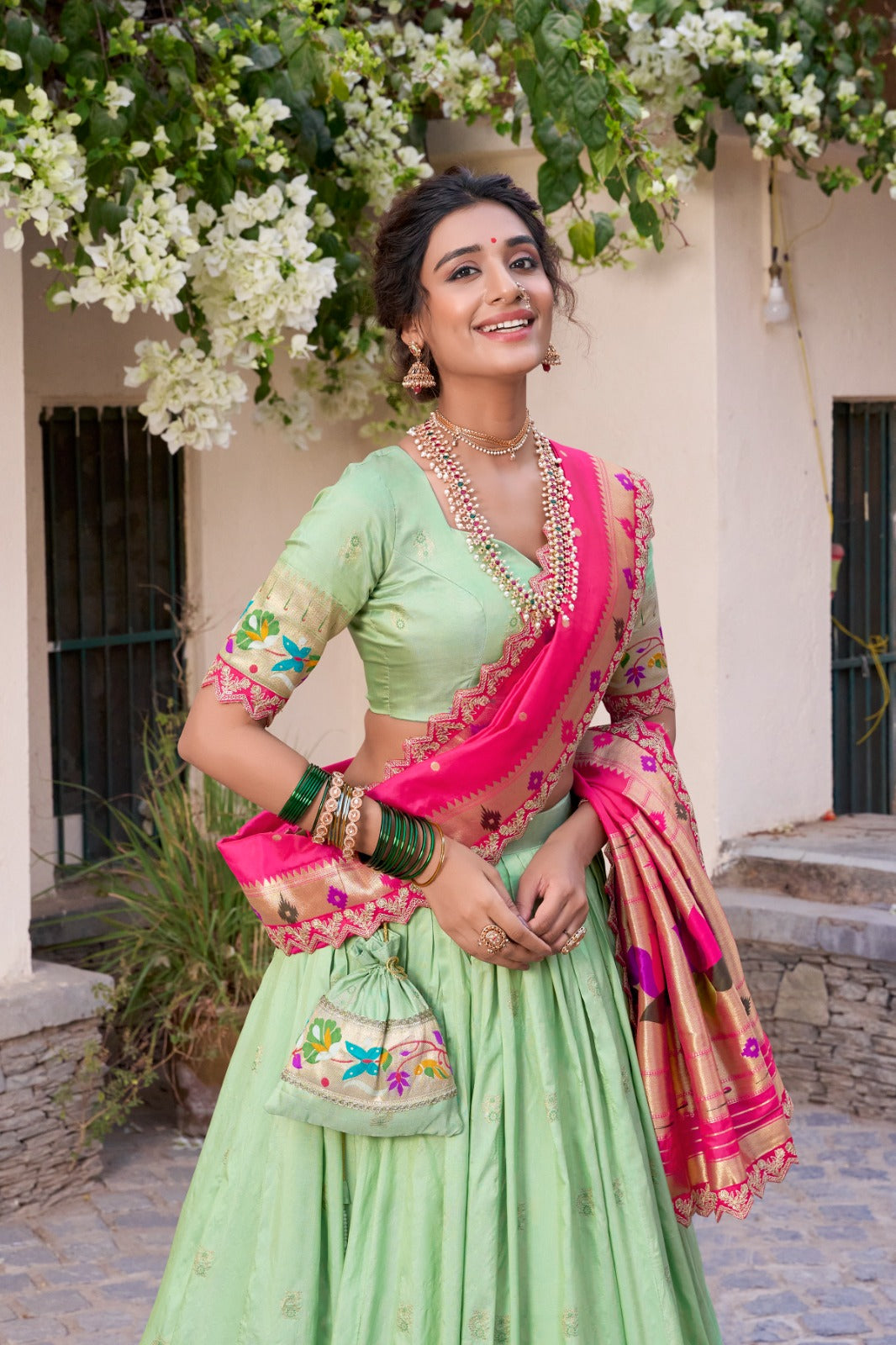 Elegant Paithani Jacquard Silk Zari Weaving Sequins Thread Worked Lehenga Choli