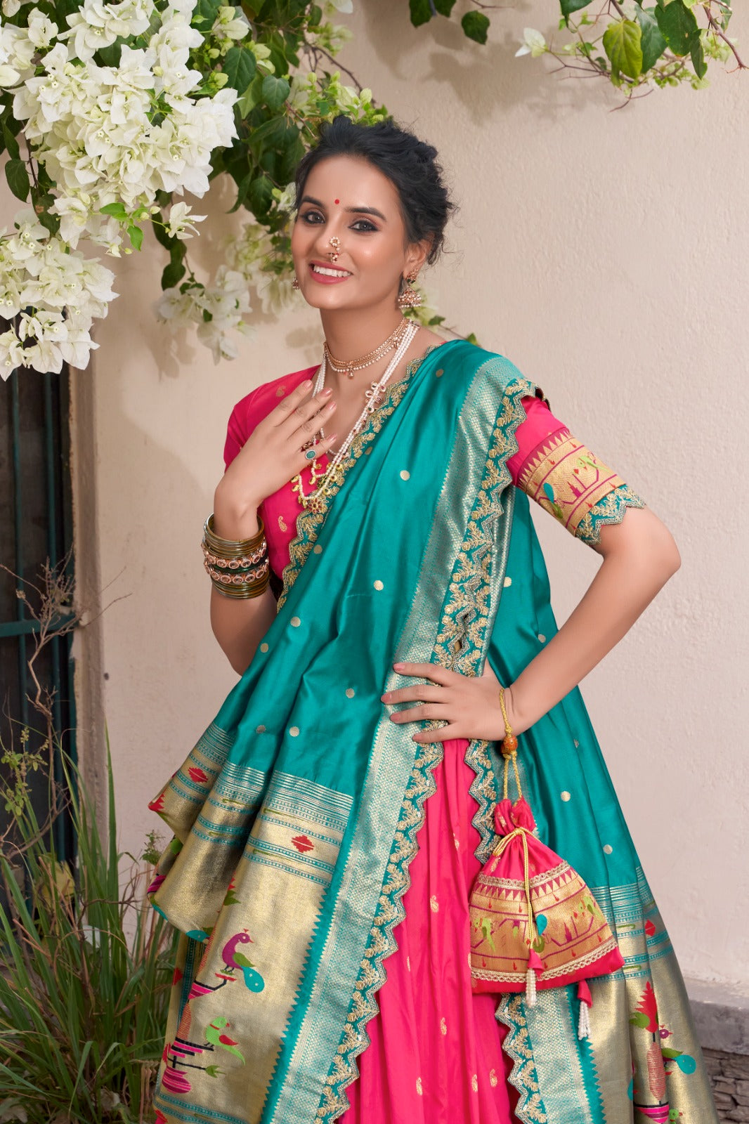 Elegant Paithani Jacquard Silk Zari Weaving Sequins Thread Worked Lehenga Choli