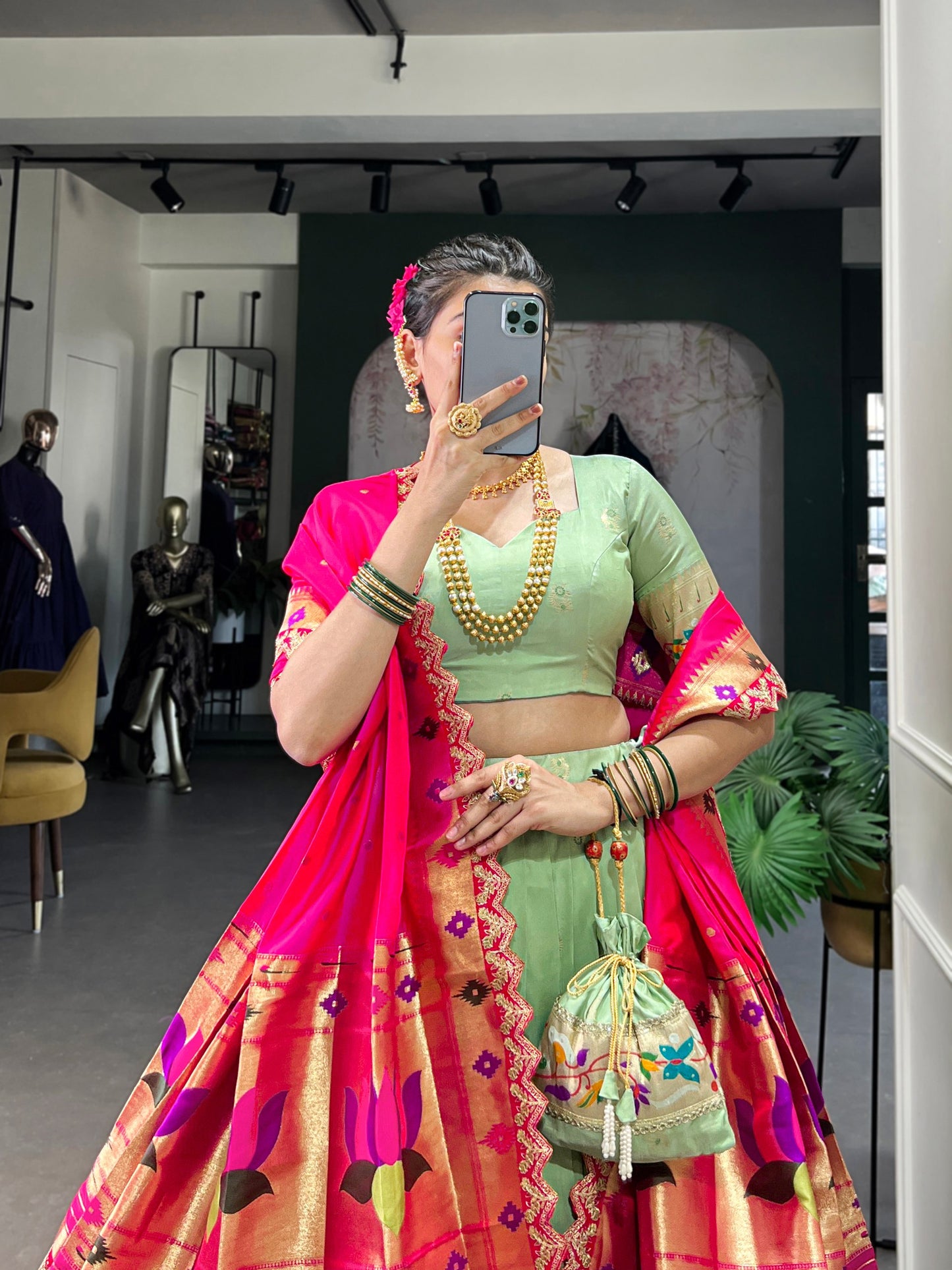 Elegant Paithani Jacquard Silk Zari Weaving Sequins Thread Worked Lehenga Choli