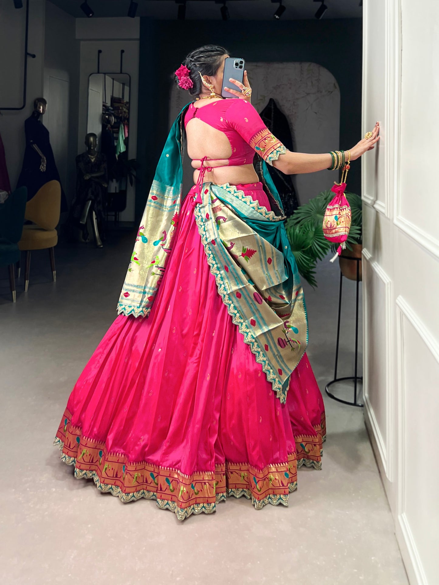Elegant Paithani Jacquard Silk Zari Weaving Sequins Thread Worked Lehenga Choli