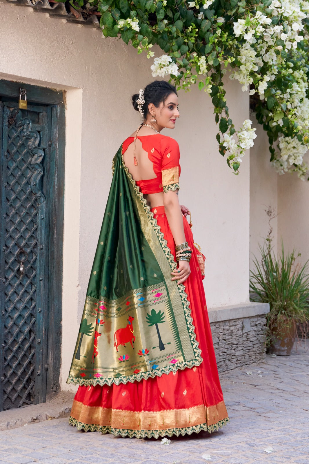 Elegant Paithani Jacquard Silk Zari Weaving Sequins Thread Worked Lehenga Choli