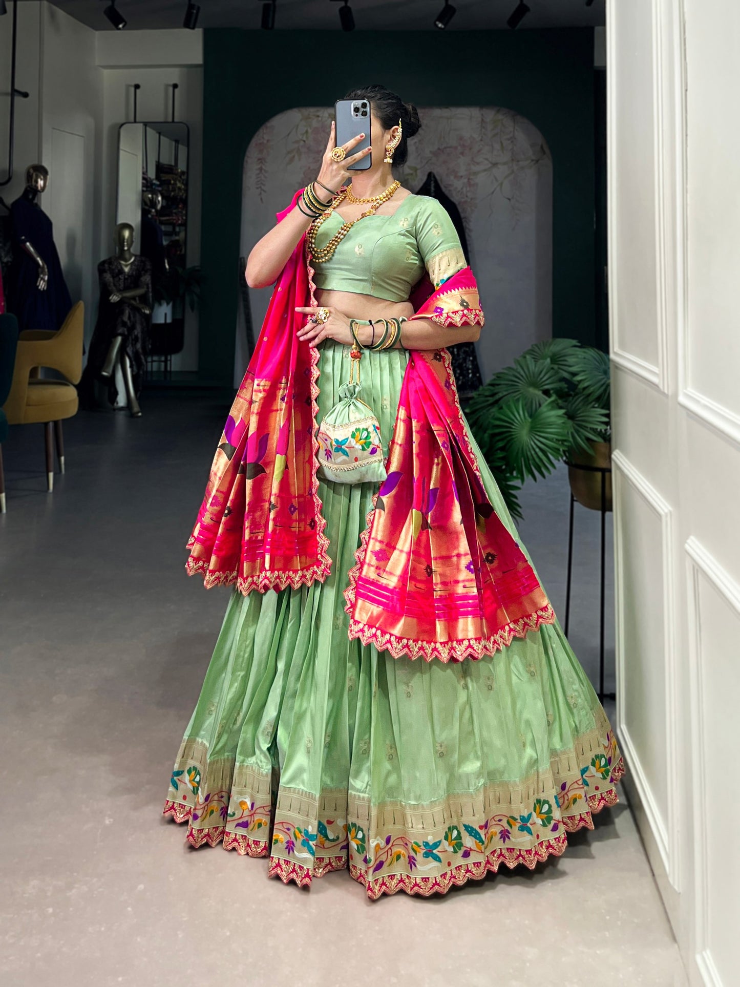 Elegant Paithani Jacquard Silk Zari Weaving Sequins Thread Worked Lehenga Choli
