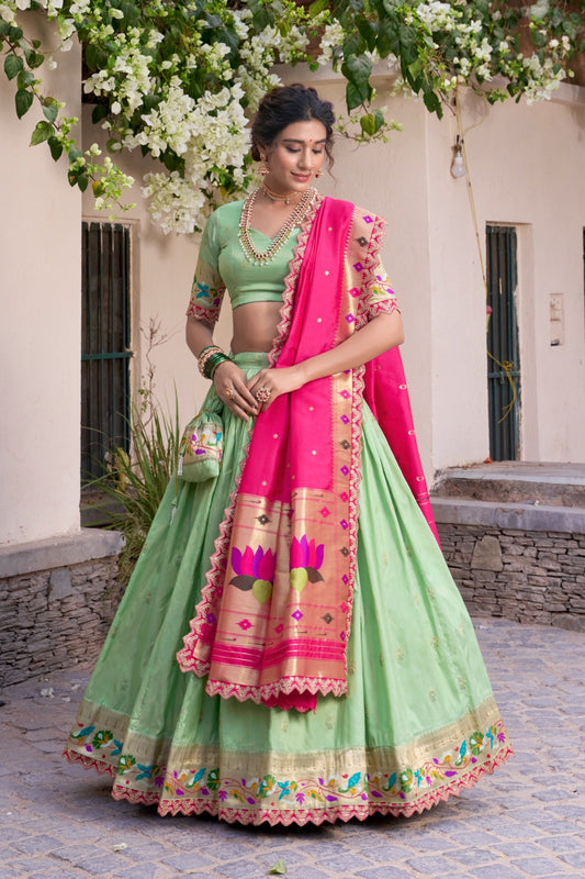 Elegant Paithani Jacquard Silk Zari Weaving Sequins Thread Worked Lehenga Choli