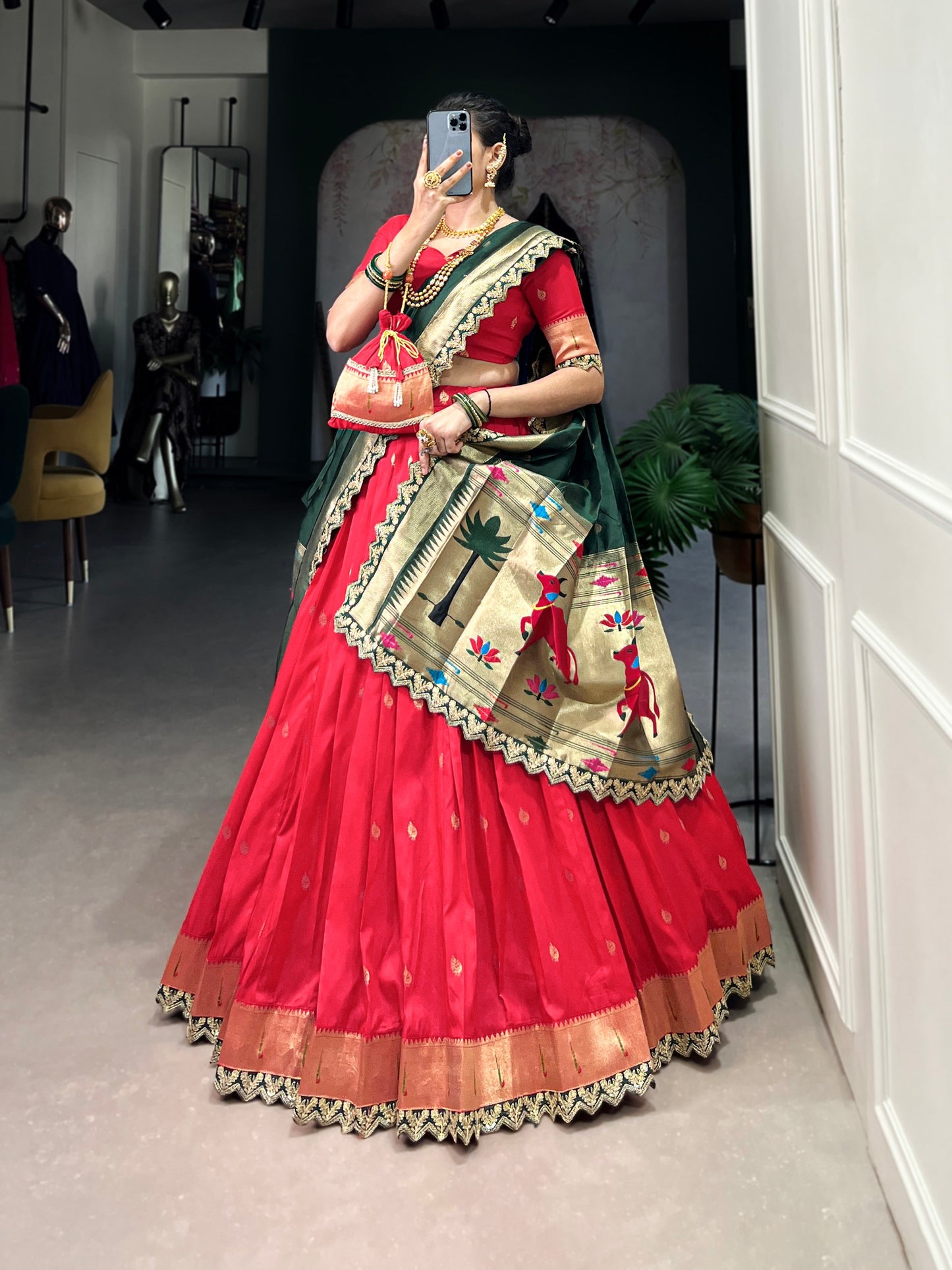 Elegant Paithani Jacquard Silk Zari Weaving Sequins Thread Worked Lehenga Choli