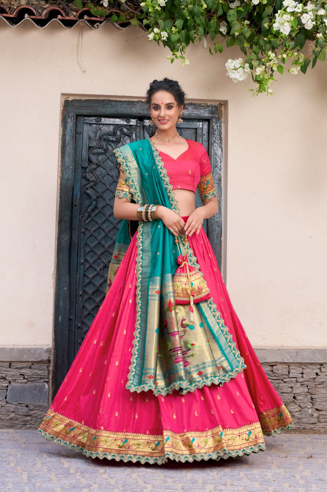 Elegant Paithani Jacquard Silk Zari Weaving Sequins Thread Worked Lehenga Choli