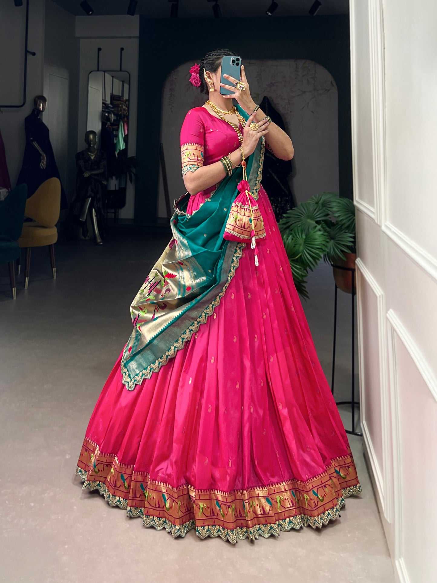 Elegant Paithani Jacquard Silk Zari Weaving Sequins Thread Worked Lehenga Choli