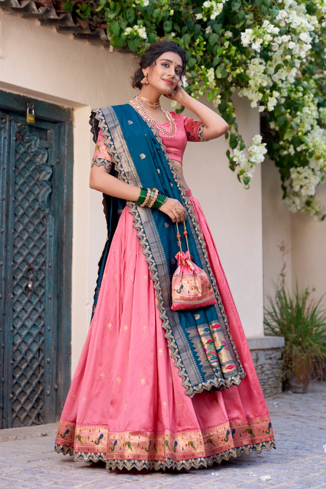 Elegant Paithani Jacquard Silk Zari Weaving Sequins Thread Worked Lehenga Choli