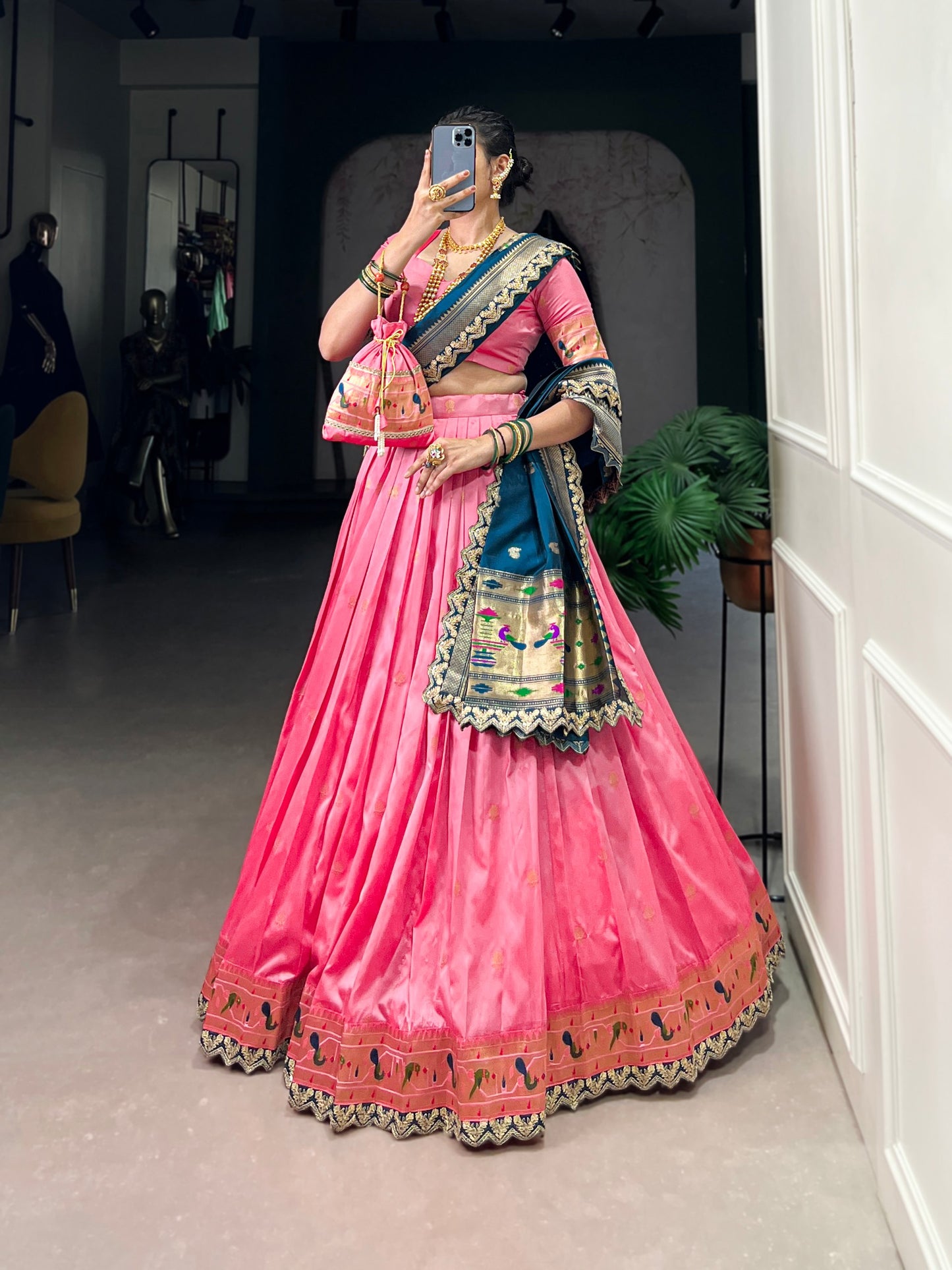 Elegant Paithani Jacquard Silk Zari Weaving Sequins Thread Worked Lehenga Choli