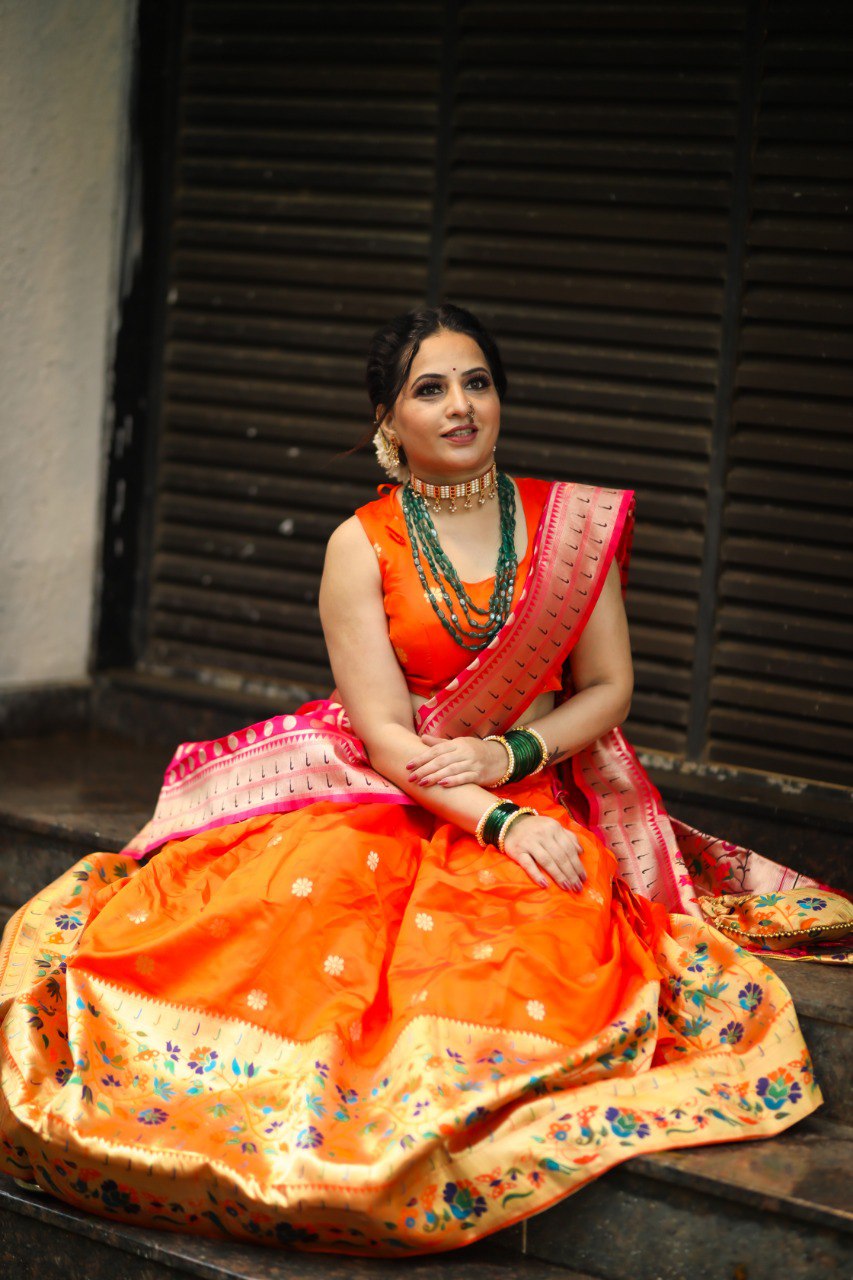 Resplendent Orange Paithani Silk Weaving Zari Worked Lehenga Choli - Ethnicwish