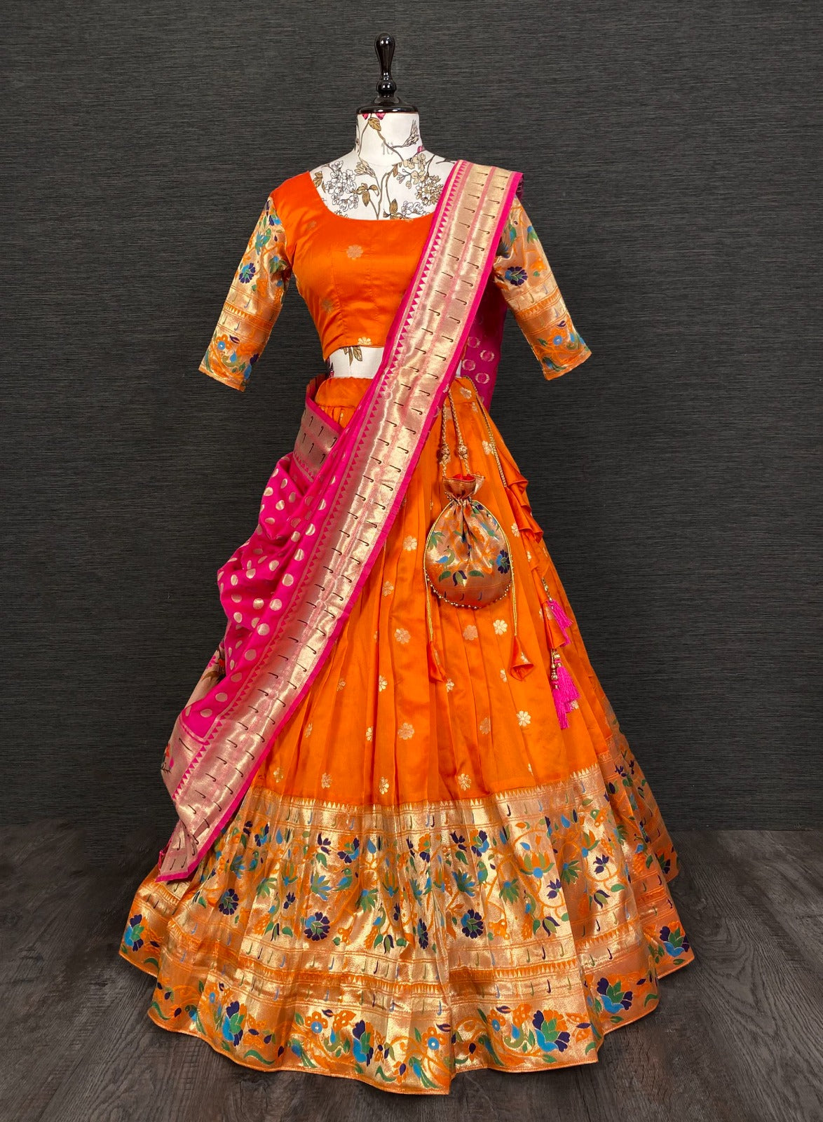 Resplendent Orange Paithani Silk Weaving Zari Worked Lehenga Choli - Ethnicwish