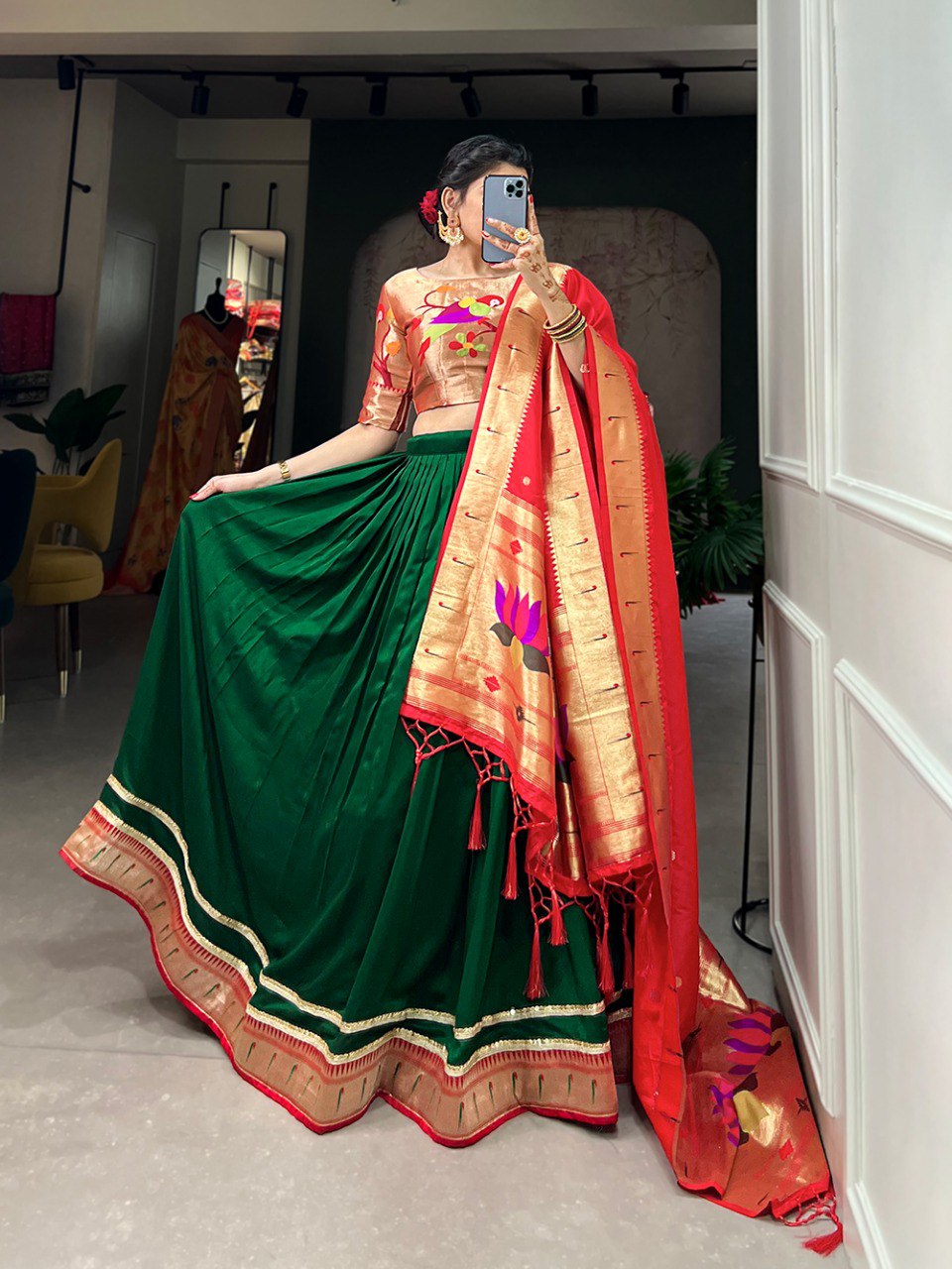 Appealing Vichitra Silk Paithani Lace Border Worked Lehenga Choli - Ethnicwish