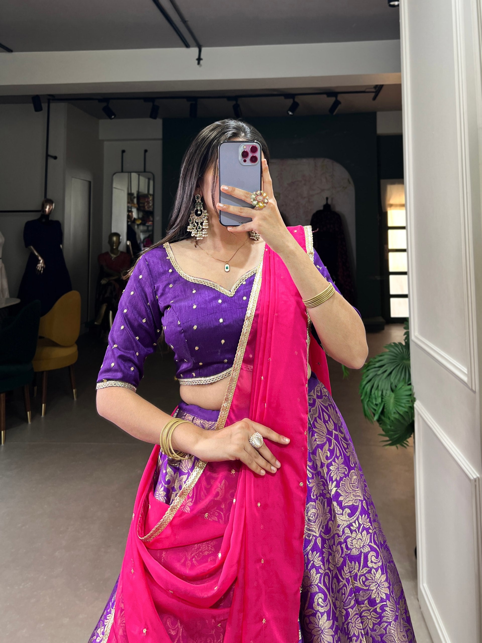 Breathtaking Purple Jacquard Silk Zari Weaving Worked Lehenga Choli - Ethnicwish
