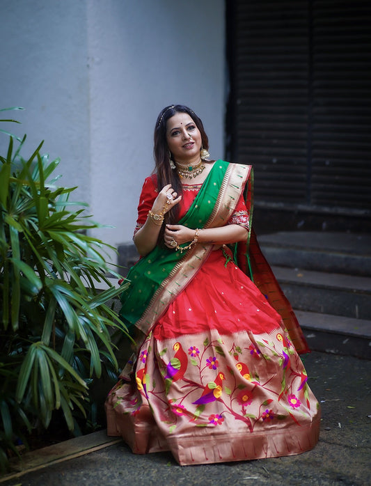 Mesmerizing Red Paithani Silk Zari Weaving Worked Lehenga Set - Ethnicwish