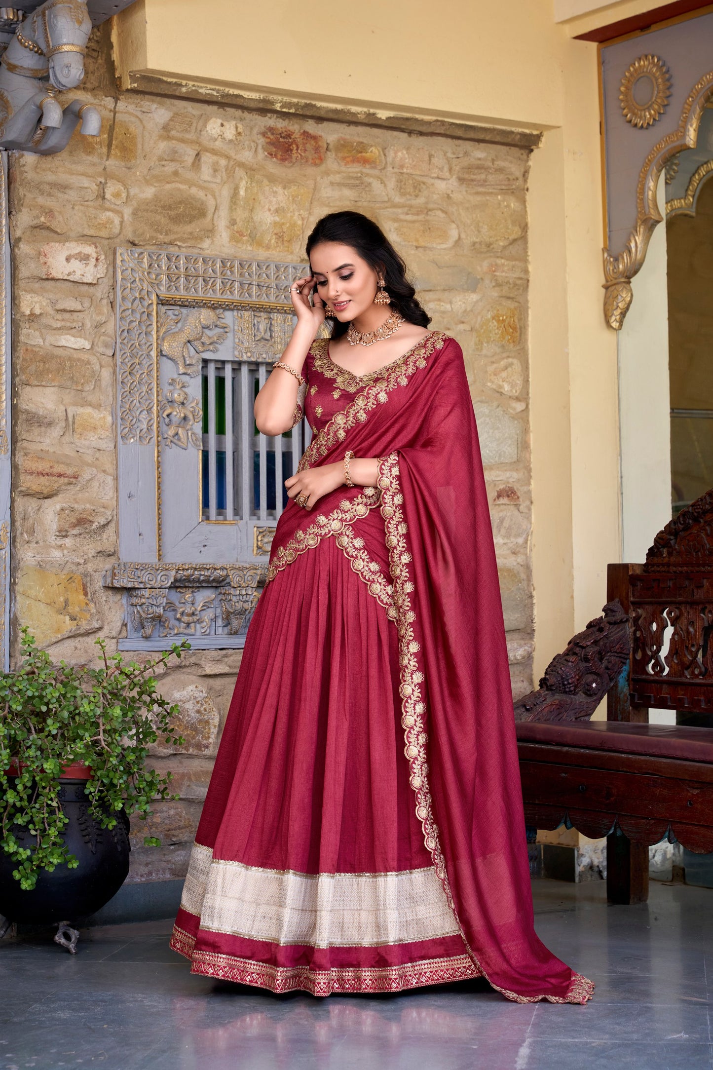 Exquisite Vichitra Silk Zari Weaving Lace Border Worked Lehenga Choli