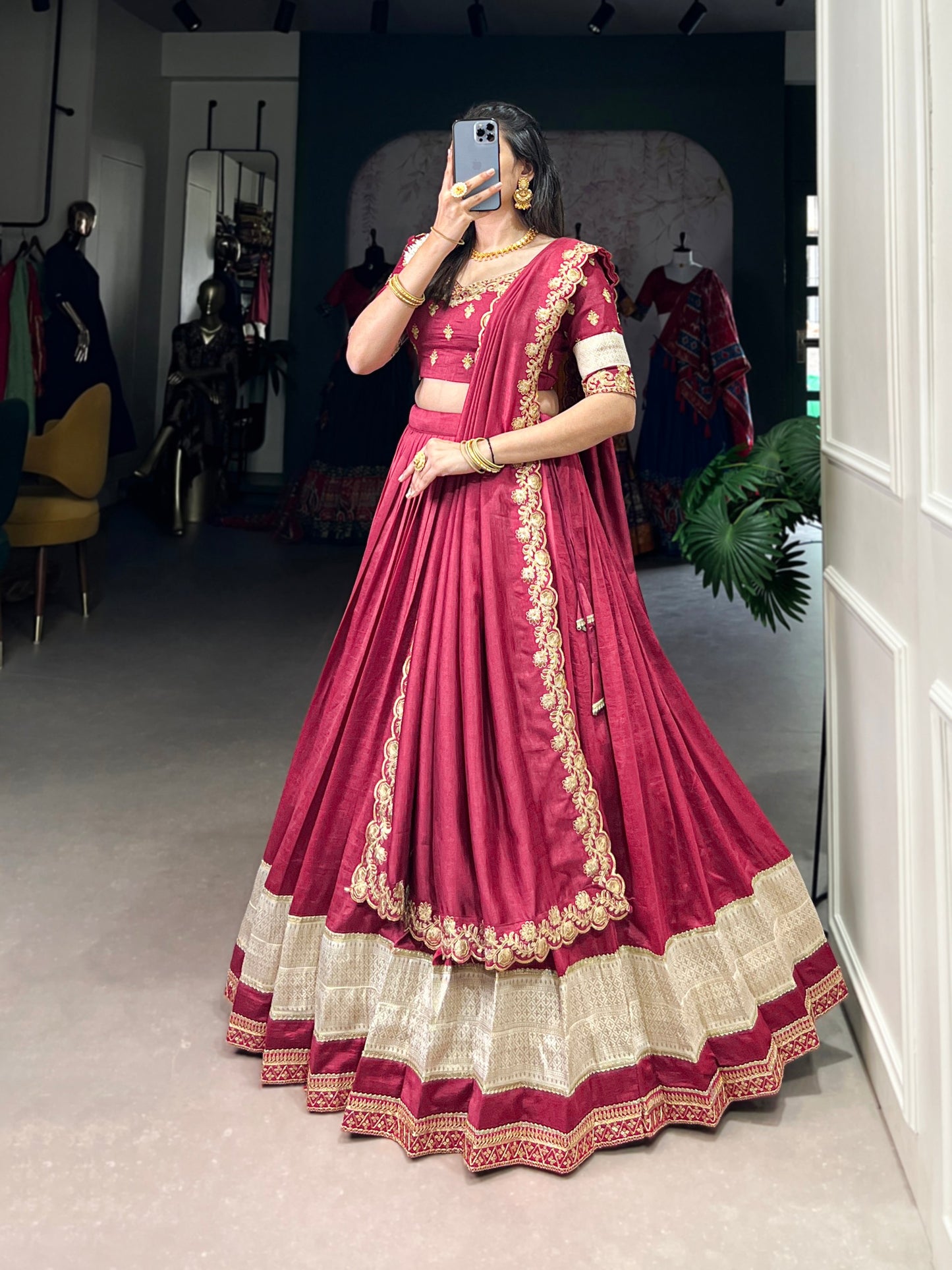 Exquisite Vichitra Silk Zari Weaving Lace Border Worked Lehenga Choli