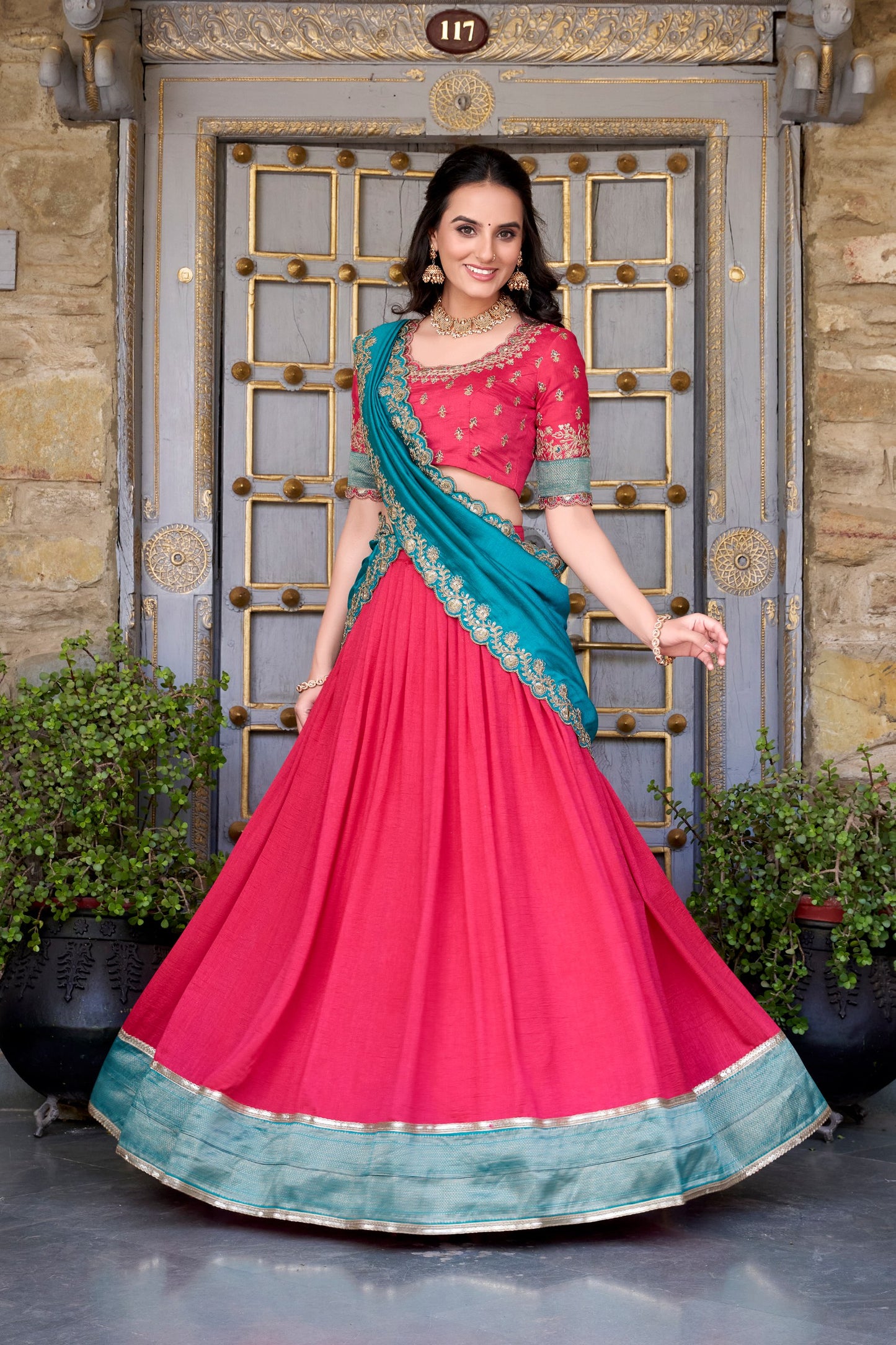 Exquisite Vichitra Silk Zari Weaving Lace Border Worked Lehenga Choli