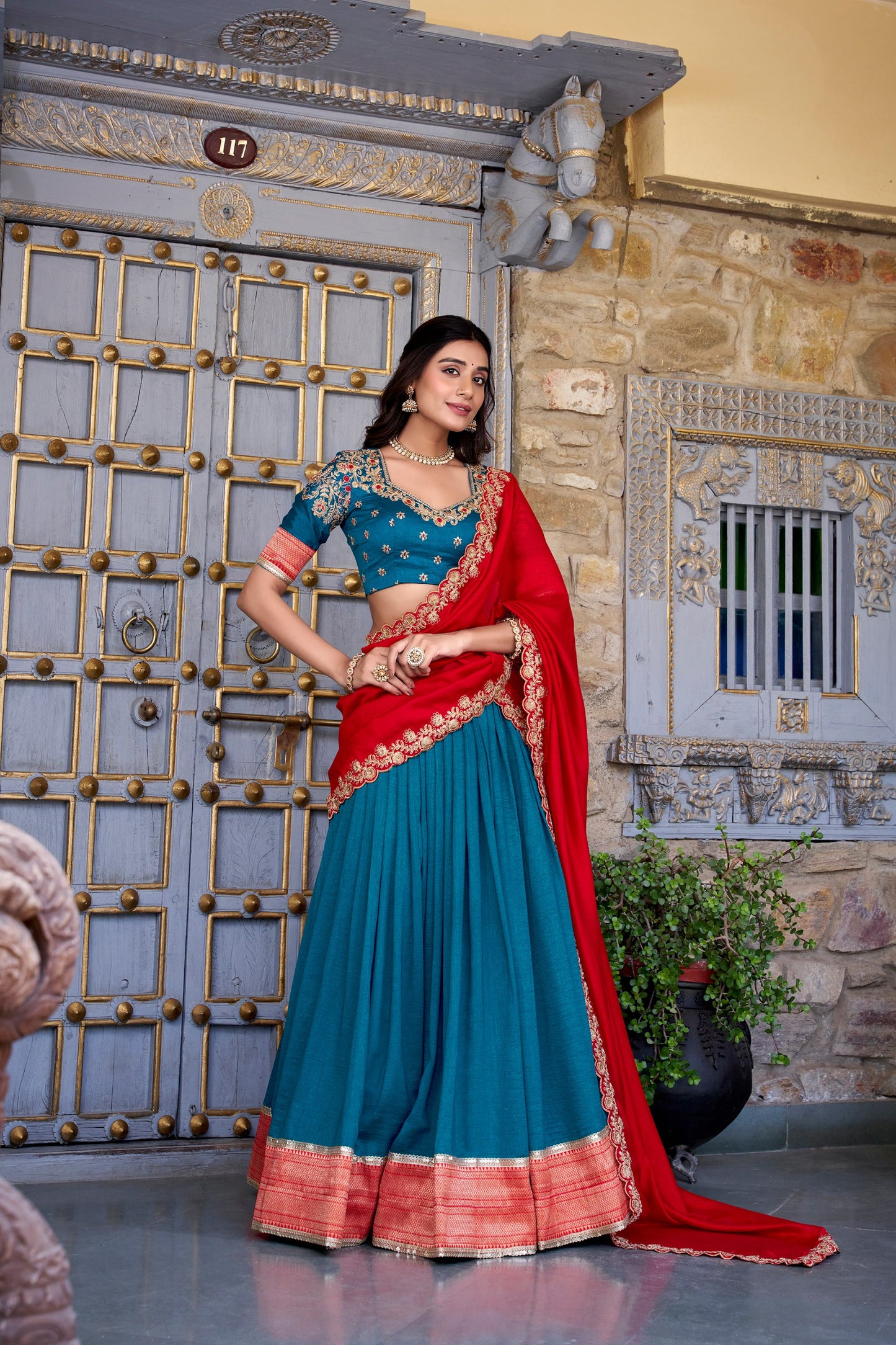 Exquisite Vichitra Silk Zari Weaving Lace Border Worked Lehenga Choli