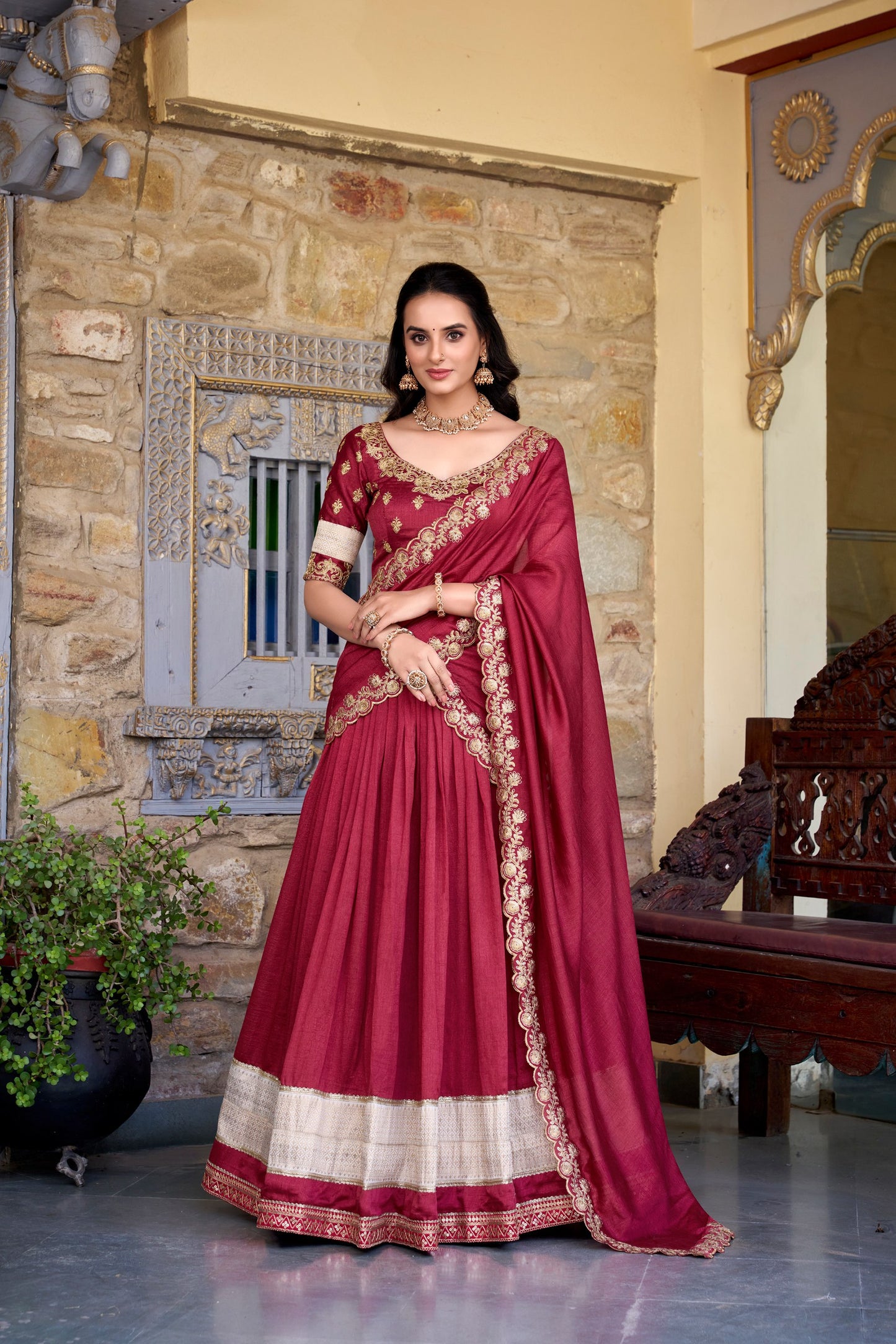 Exquisite Vichitra Silk Zari Weaving Lace Border Worked Lehenga Choli
