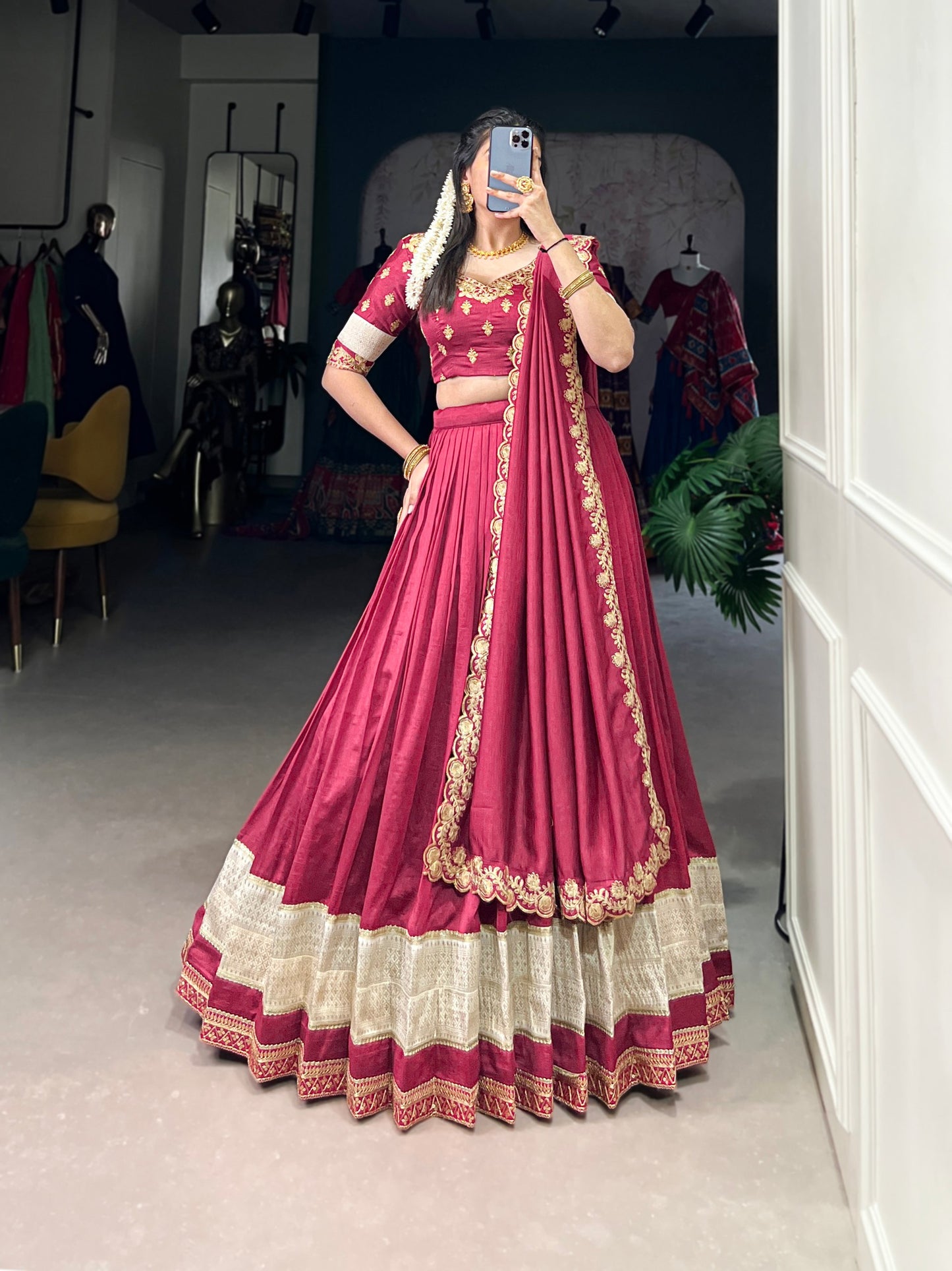 Exquisite Vichitra Silk Zari Weaving Lace Border Worked Lehenga Choli