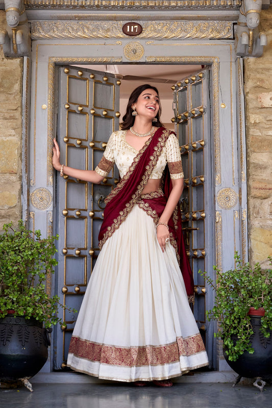 Exquisite Vichitra Silk Zari Weaving Lace Border Worked Lehenga Choli